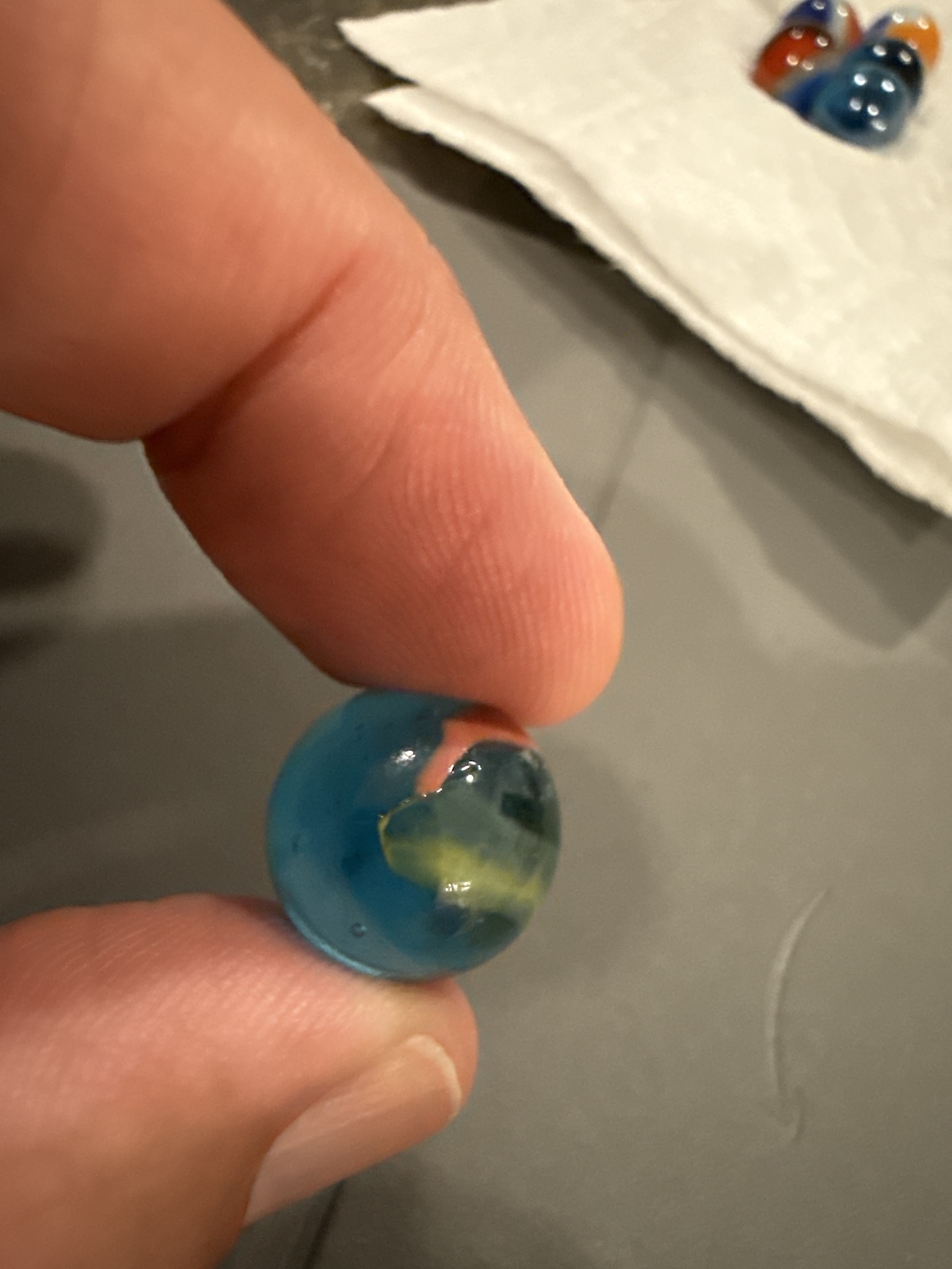 Blue Base with Yellow and Pink Vanes - Fancy 3-Vane Cat's Eye by Vitro Agate, identification view