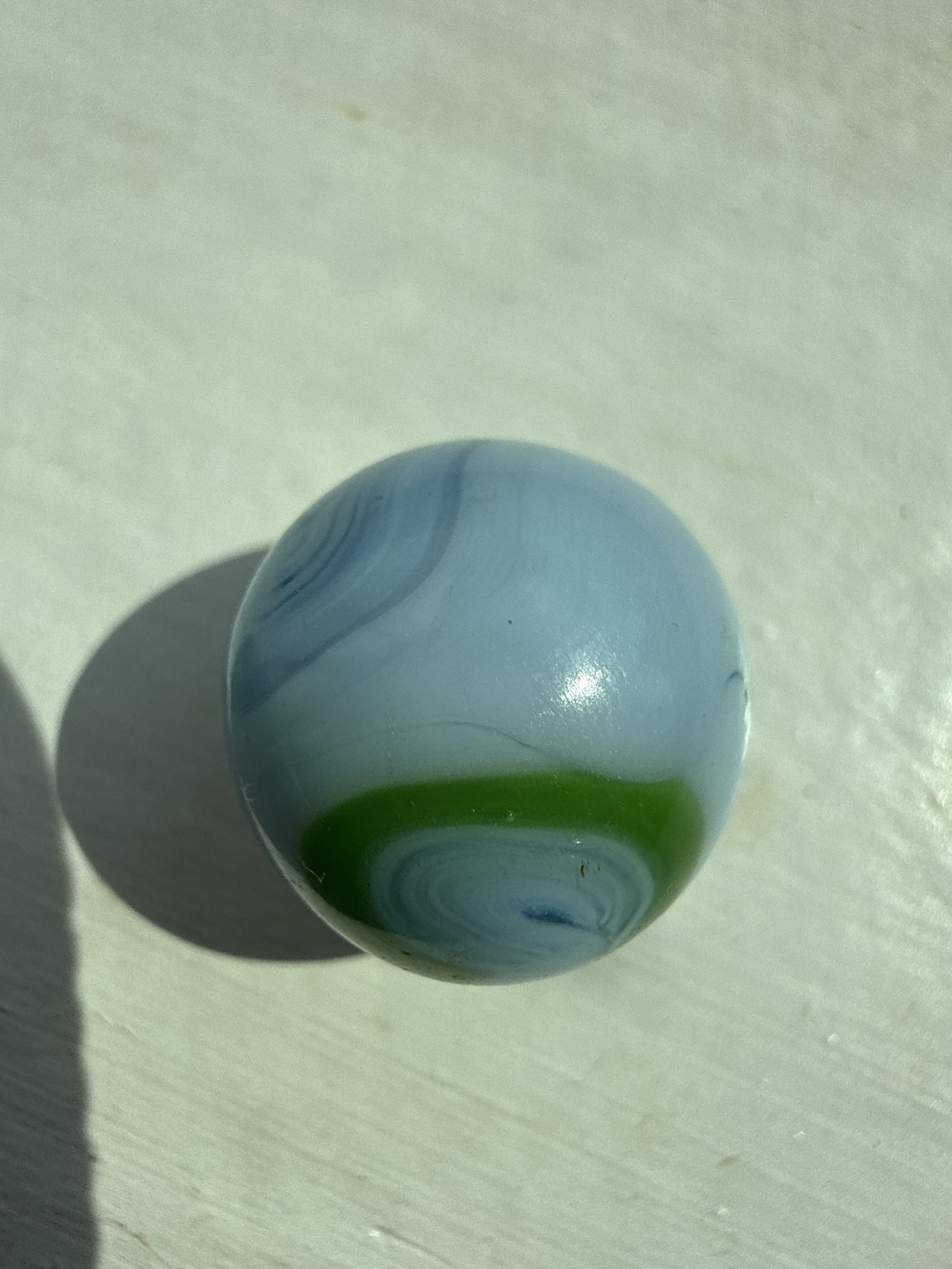 Blue Opaque with Green Ribbon - Blue Ace Special by Akro Agate, identification view