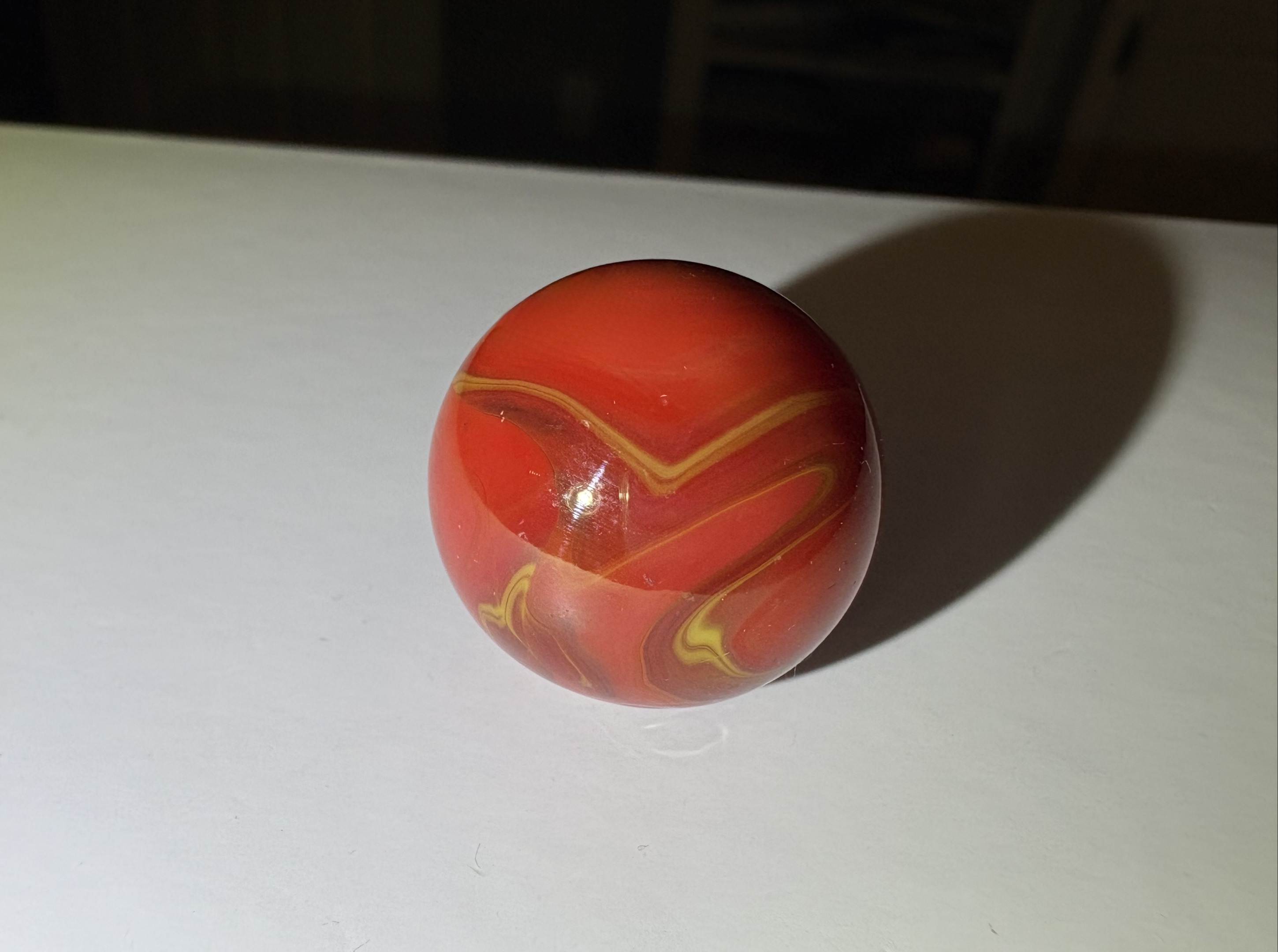 Red and Yellow Swirl by Akro Agate, identification view