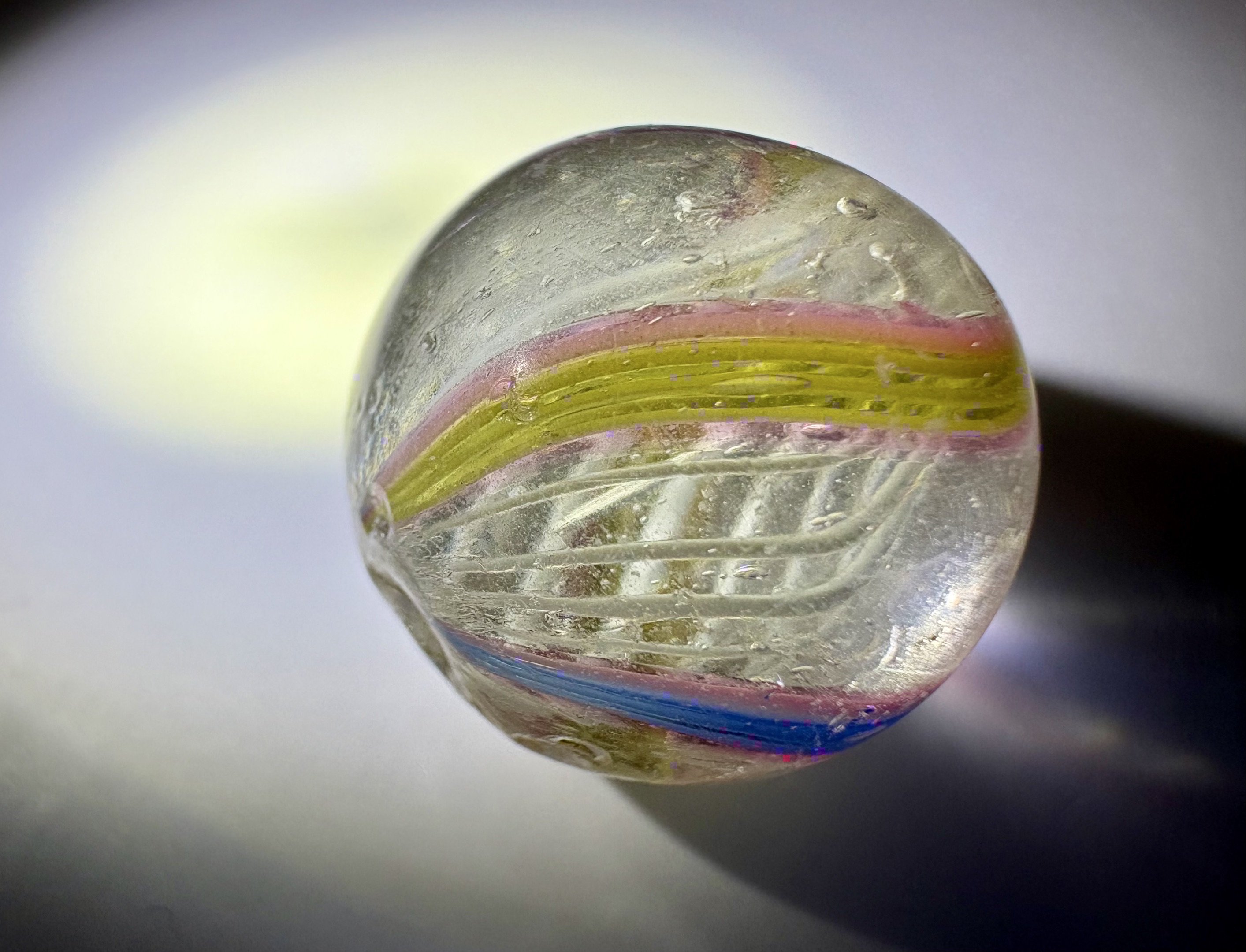 Latticinio Swirl with Colored Outer Ribbons by German Glass Masters (Handmade), identification view