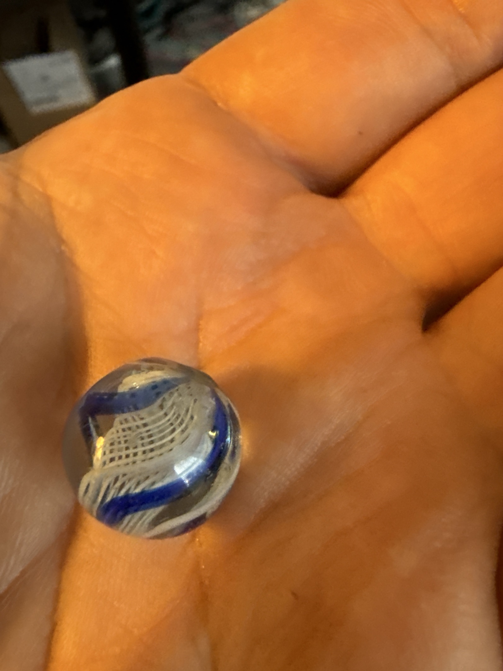 White Latticinio Core with Blue Ribbon by German Handmade
