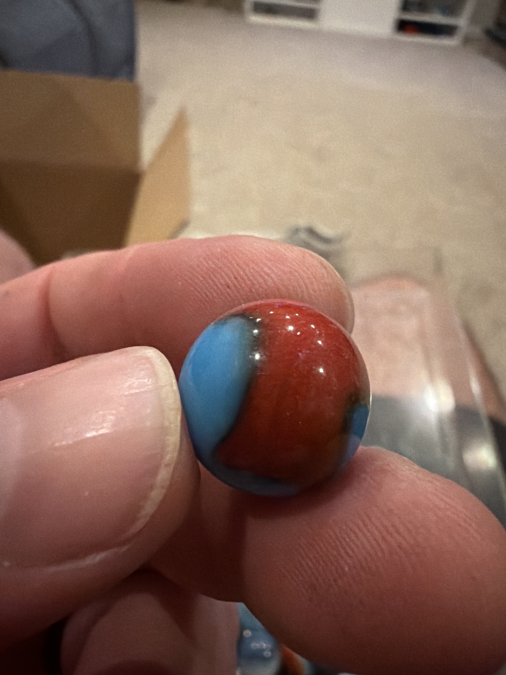 Red on Blue with Bleed by Akro Agate Company