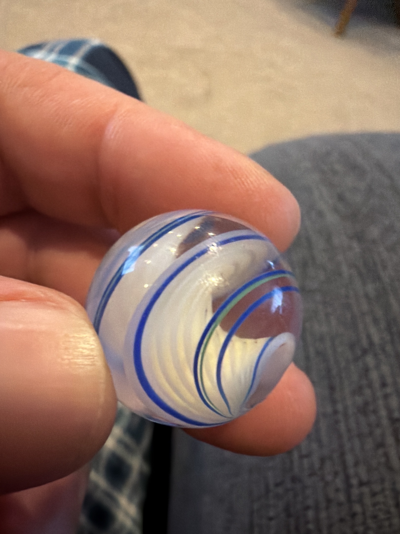 White Latticinio Core with Blue and Green Ribbons by German Glassblowers (Handmade)
