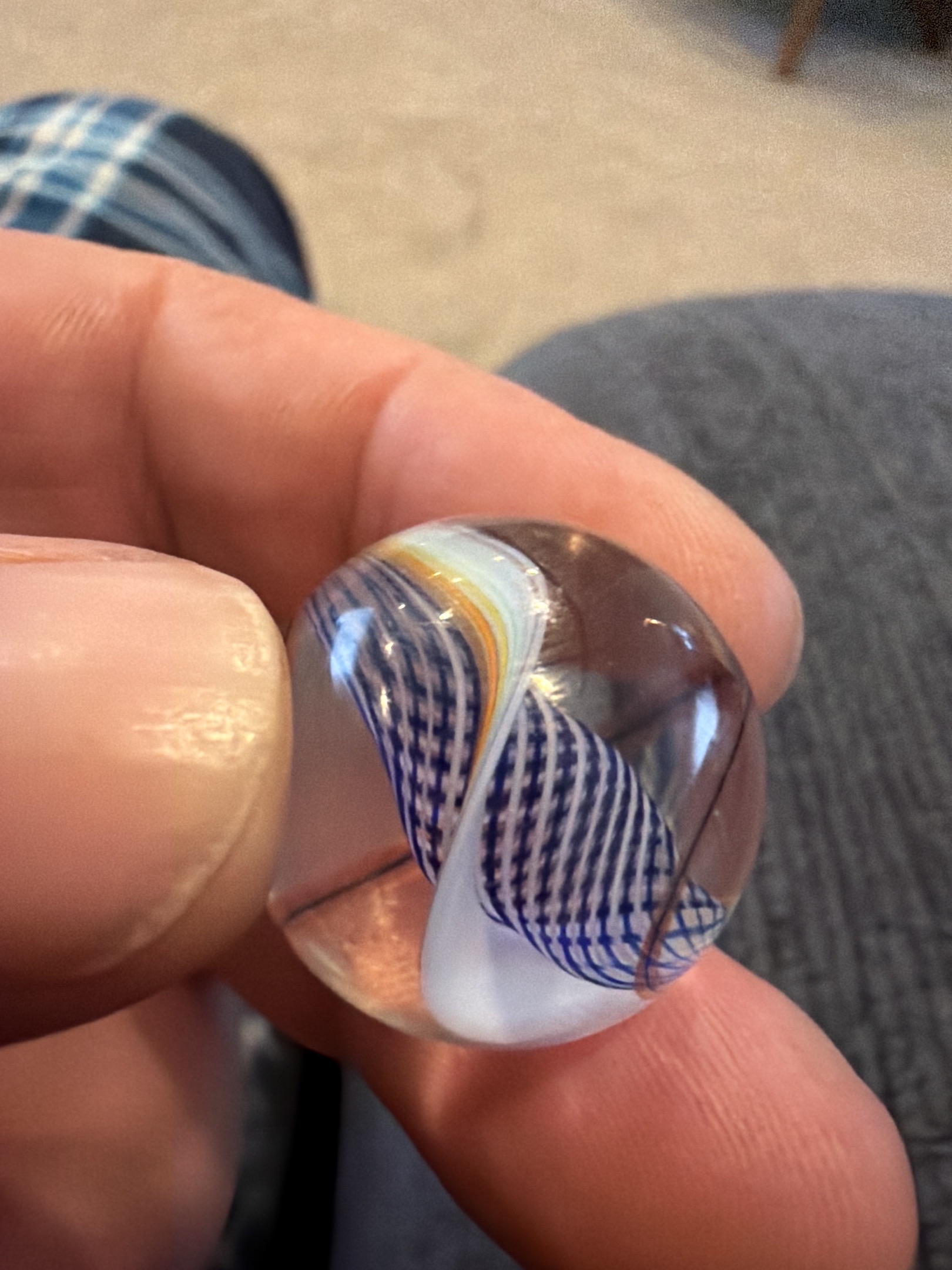 Blue Latticinio with White Ribbon and Orange Outer Strand by German Handmade (Lauscha region)