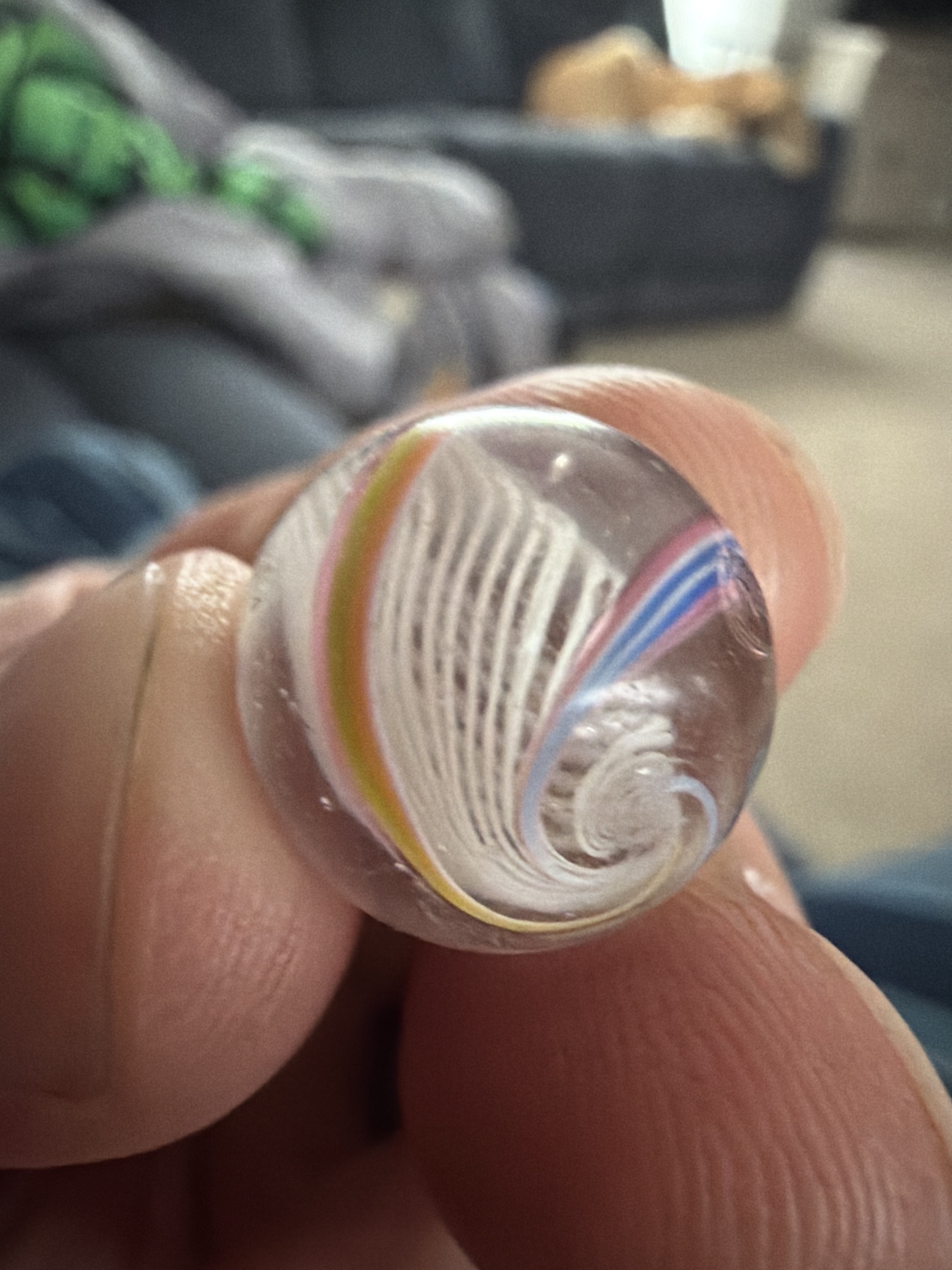 White Latticinio Core with Multi-Color Outer Ribbons by German Handmade