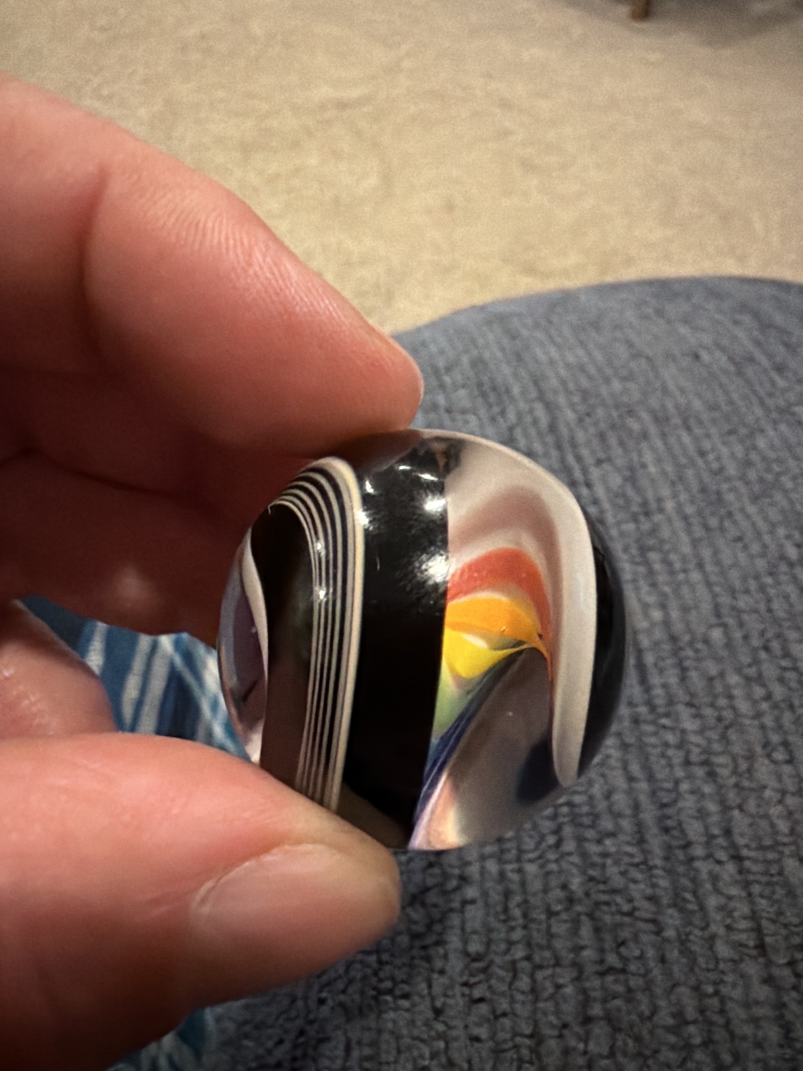Rainbow Core Swirl with Black & White Ribbon by German Glassblowers (Lauscha Region)