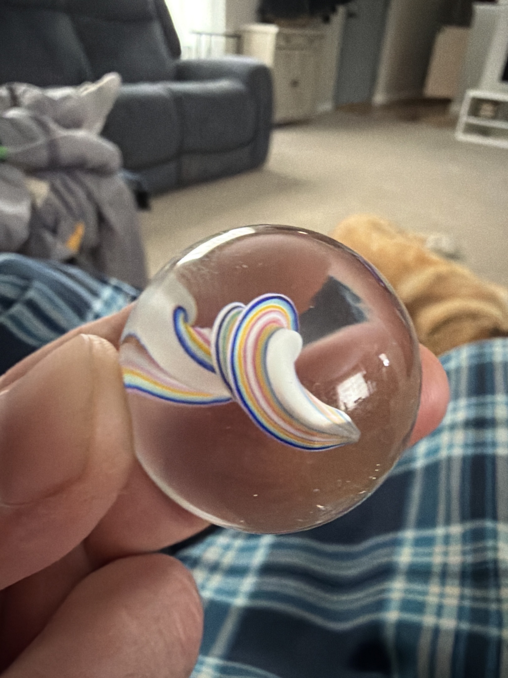 White Latticinio Core with Multi-colored Outer Ribbons by German Glassblowers (Lauscha Region)