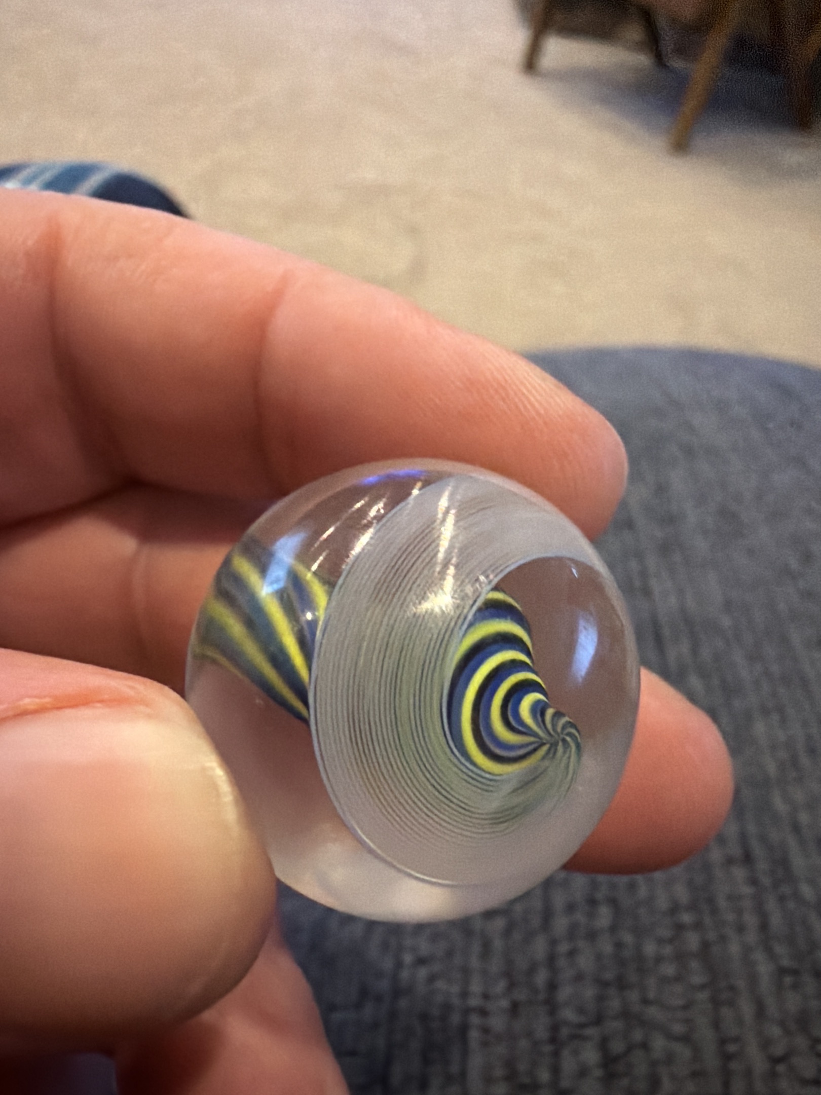 White Latticinio with Blue and Yellow Ribbons by German Glassblowers (Handmade), identification view