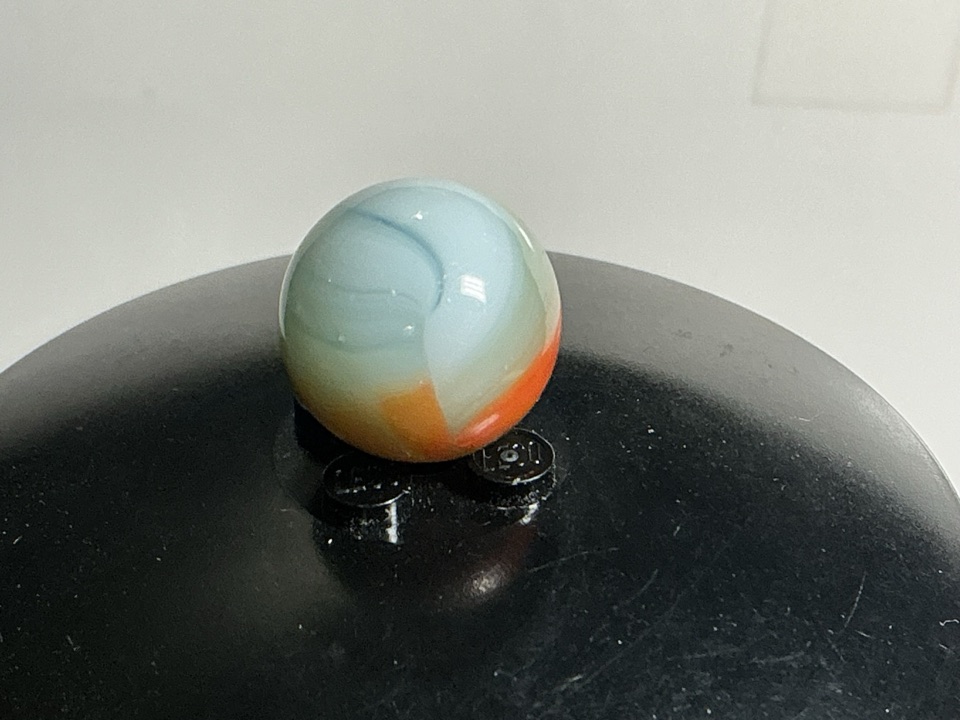 Corkscrew - Blue Opaque with Orange by Akro Agate Company, identification view