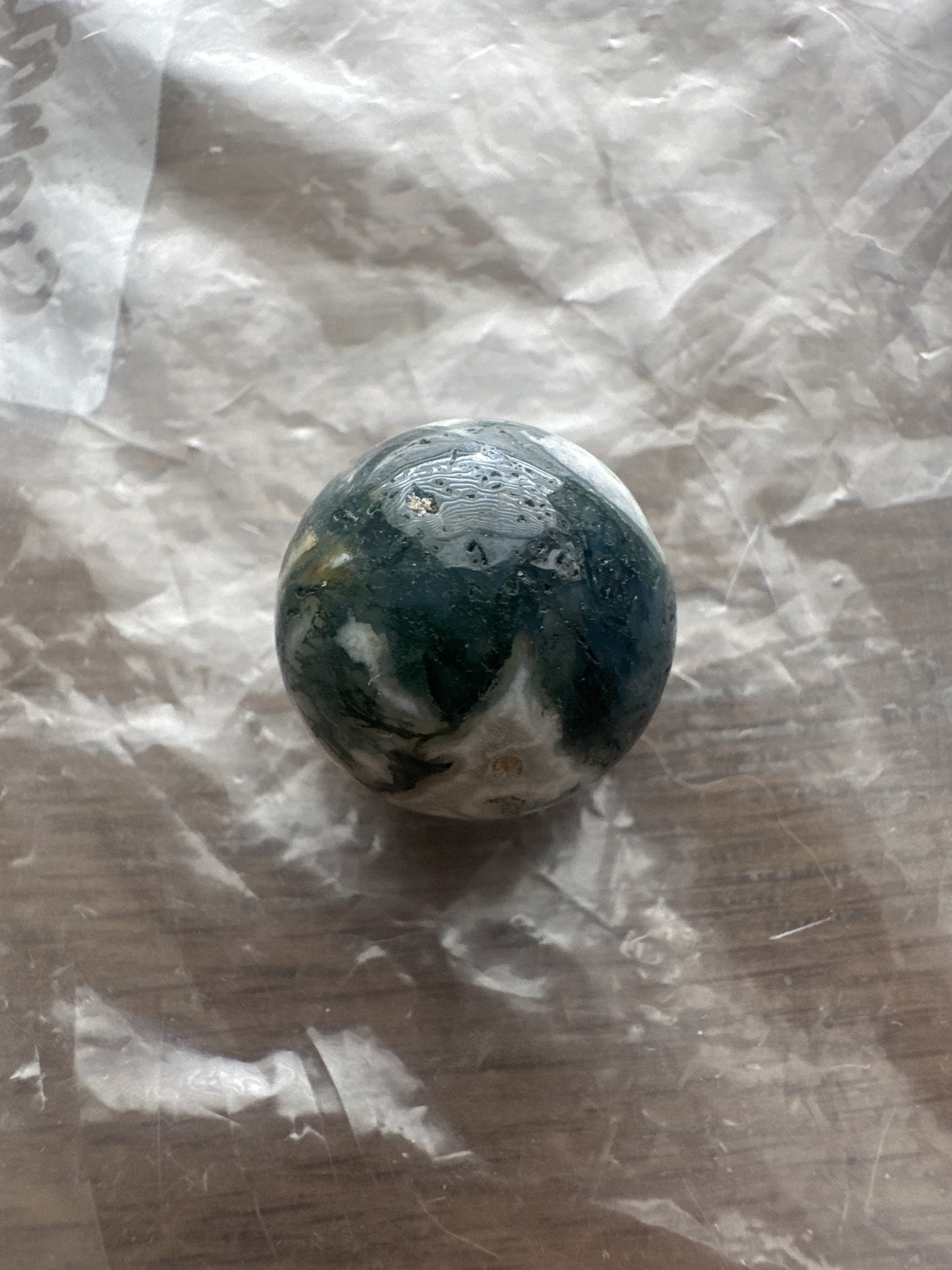 Green Moss Agate Sphere by Modern Lapidary - Unknown China/India, identification view
