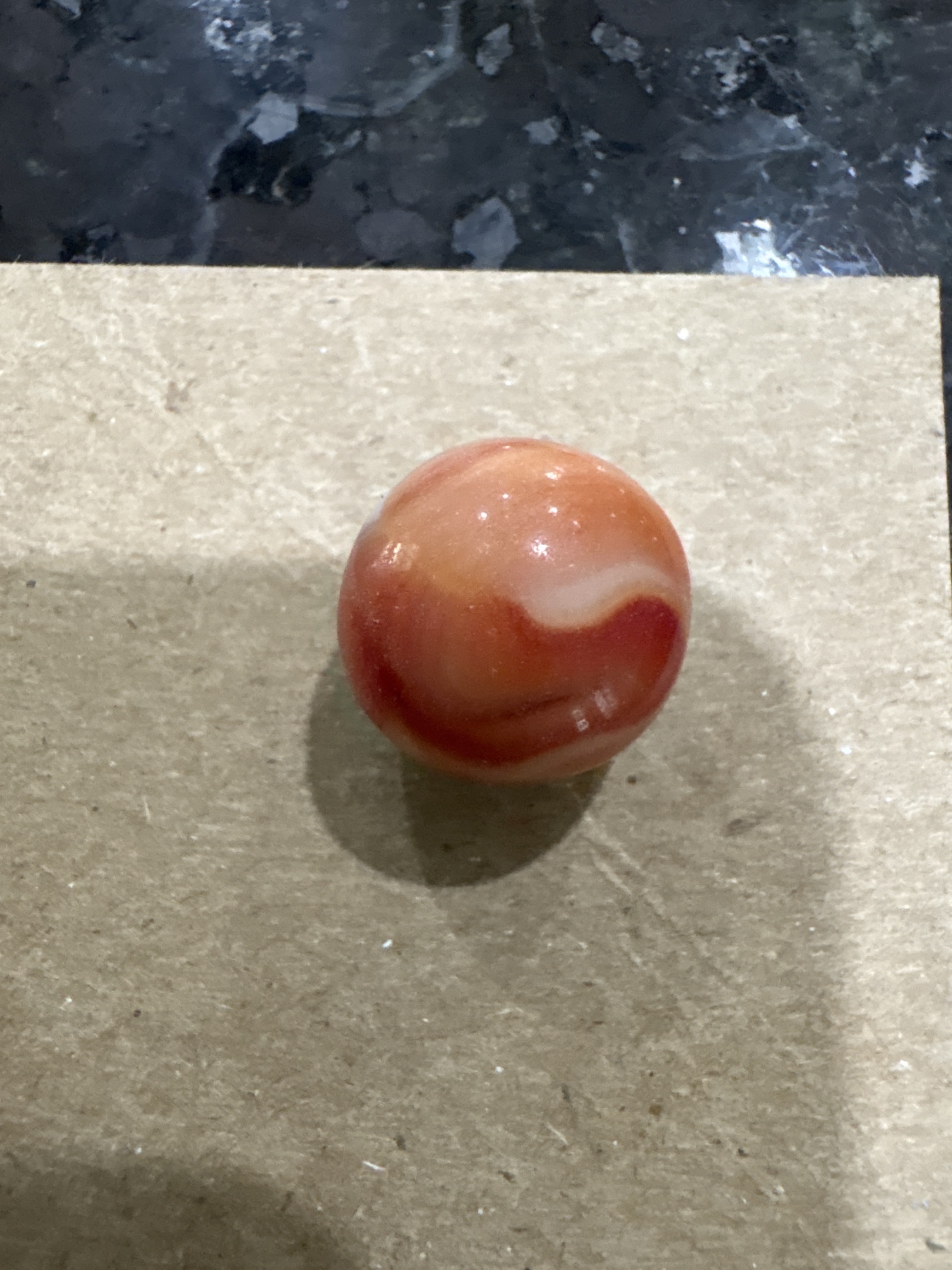 Popeye (Red and White on Amber/Orange) by Akro Agate Company, identification view