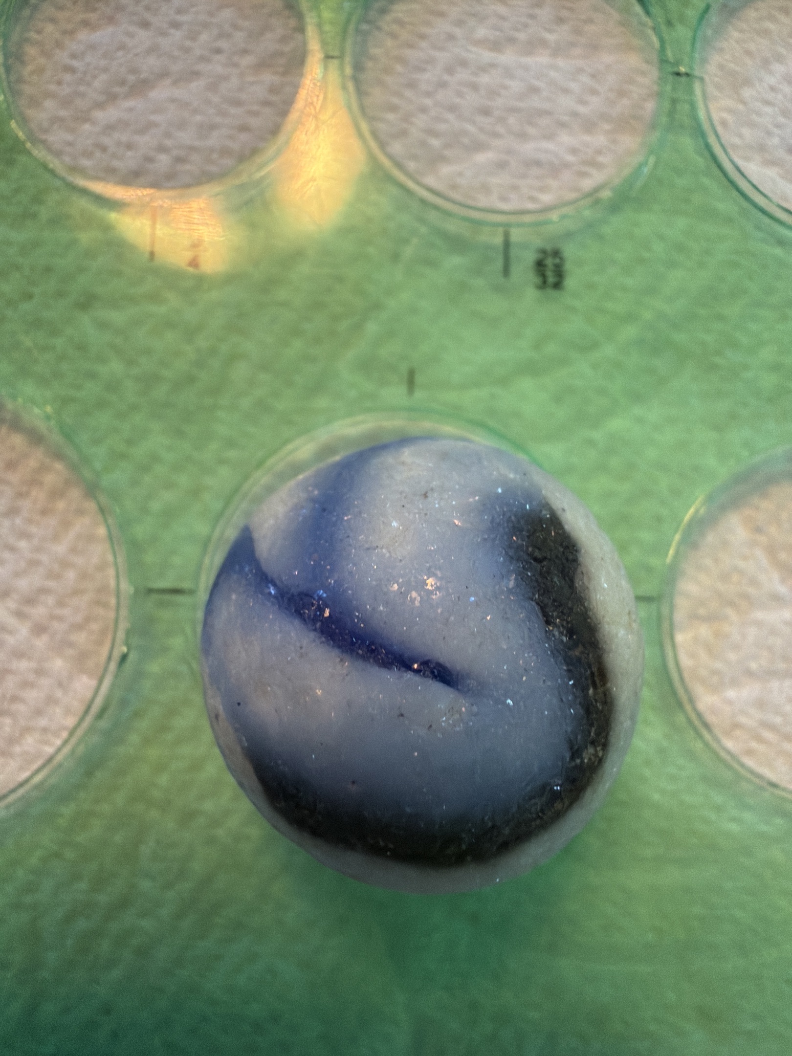 Blue and White Slag by Akro Agate Company, identification view