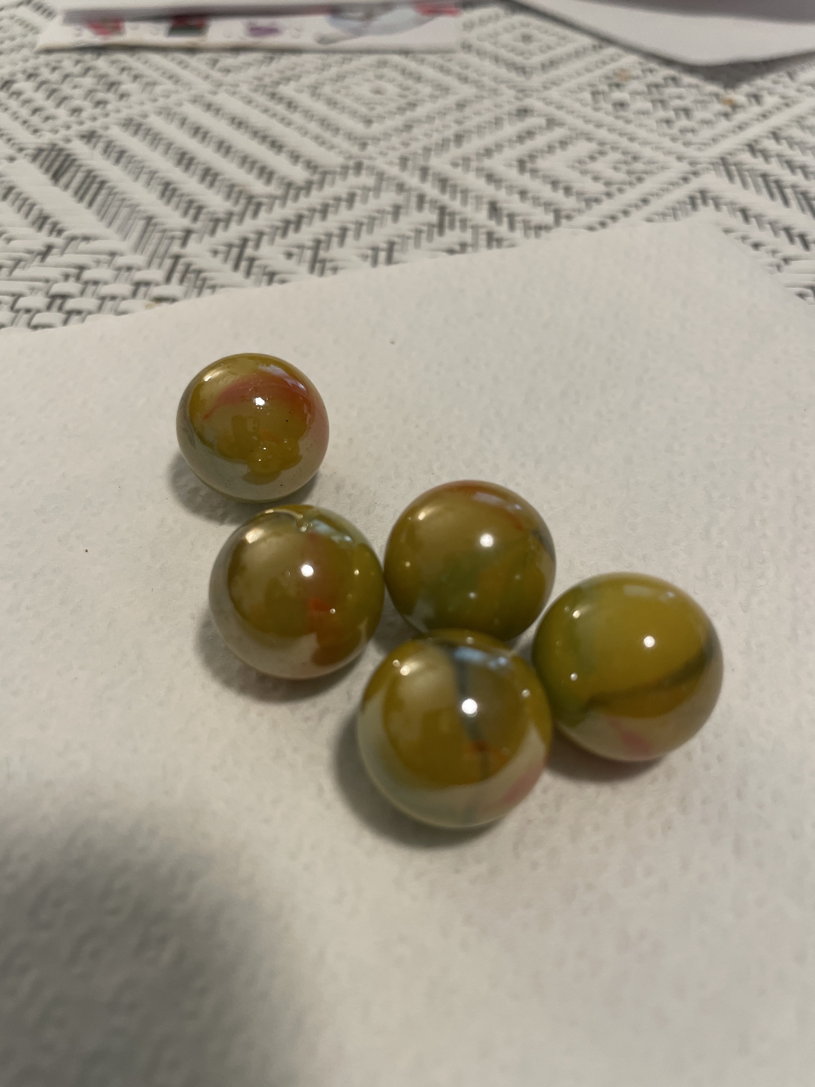 Tri-Color (Olive Green, Orange, White) by Akro Agate Company