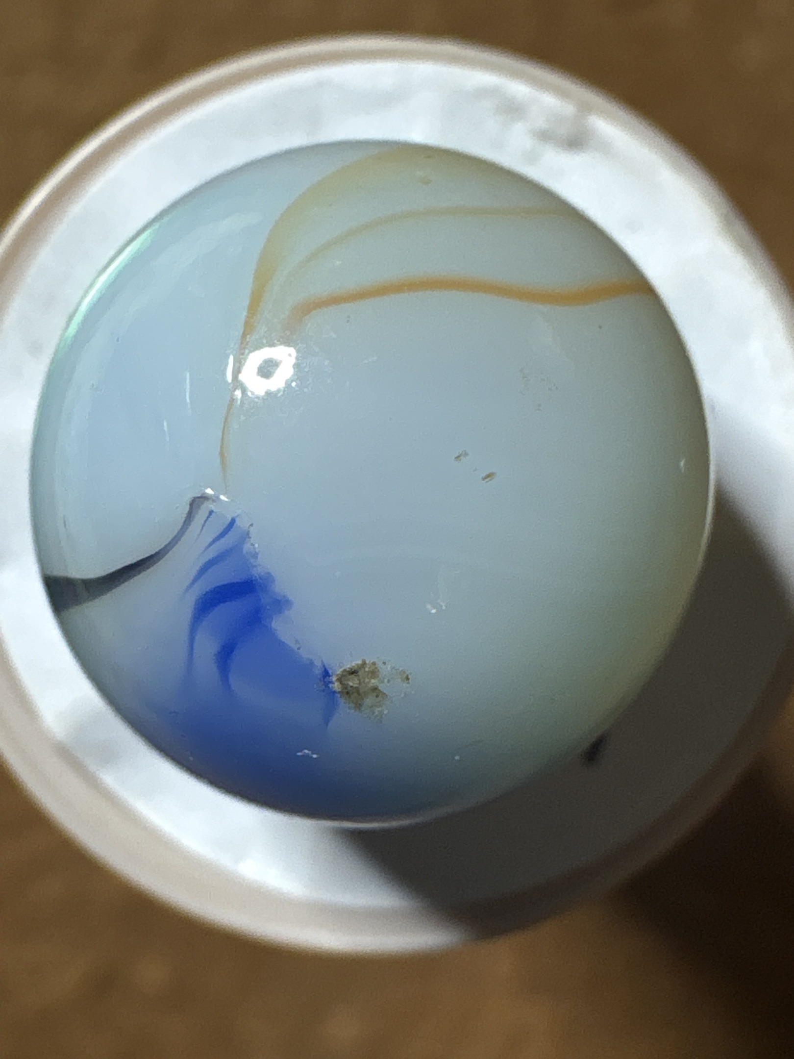 Blue and Yellow Popeye by Akro Agate Company