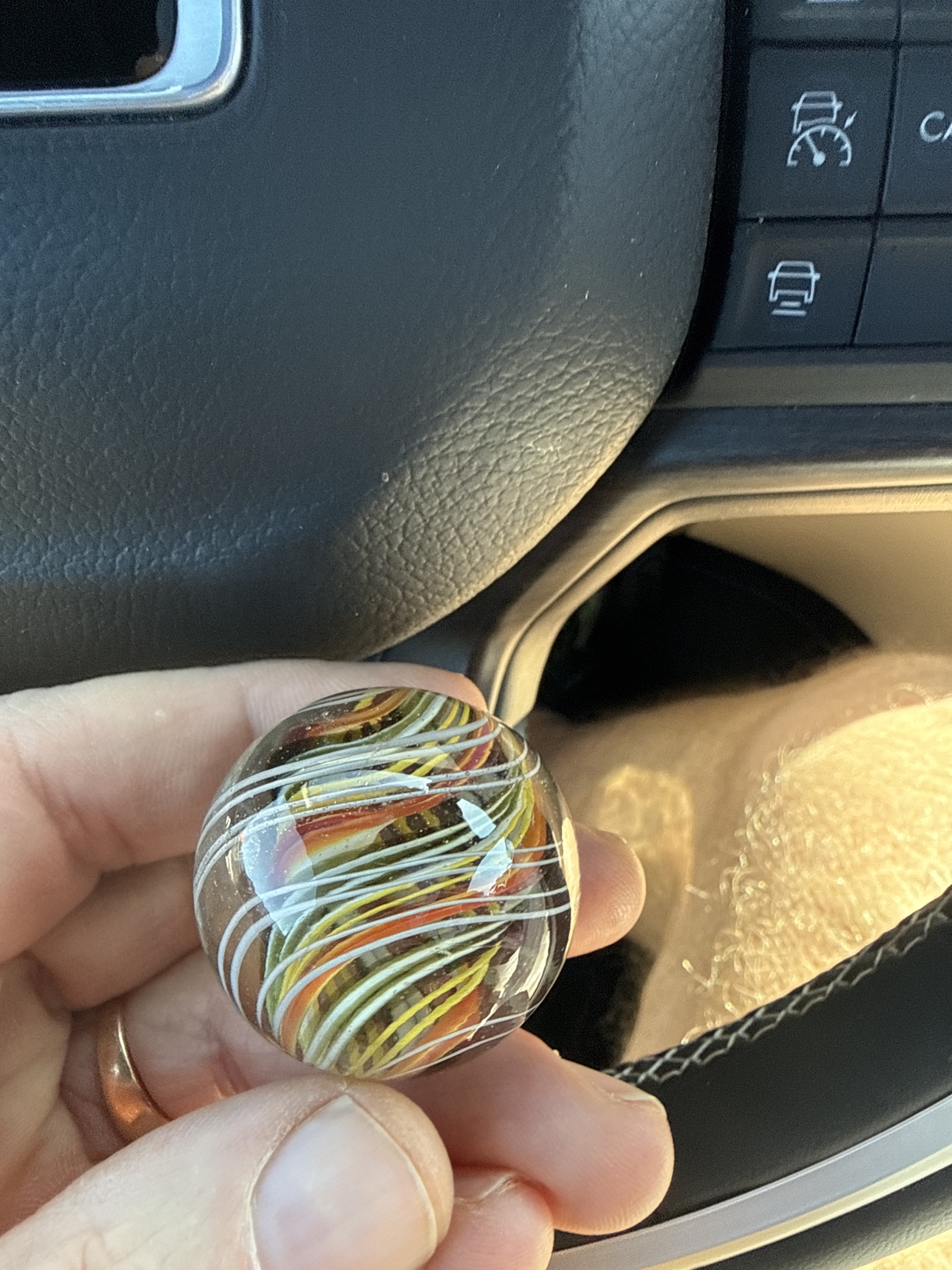 Latticinio Core Swirl (Multi-color ribbons) by German Handmade (Lauscha region), identification view