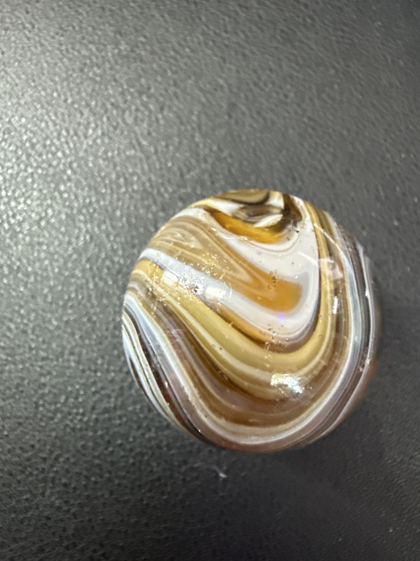 Peach and Brown Swirl (Large Shooter) by Christensen Agate Company, identification view