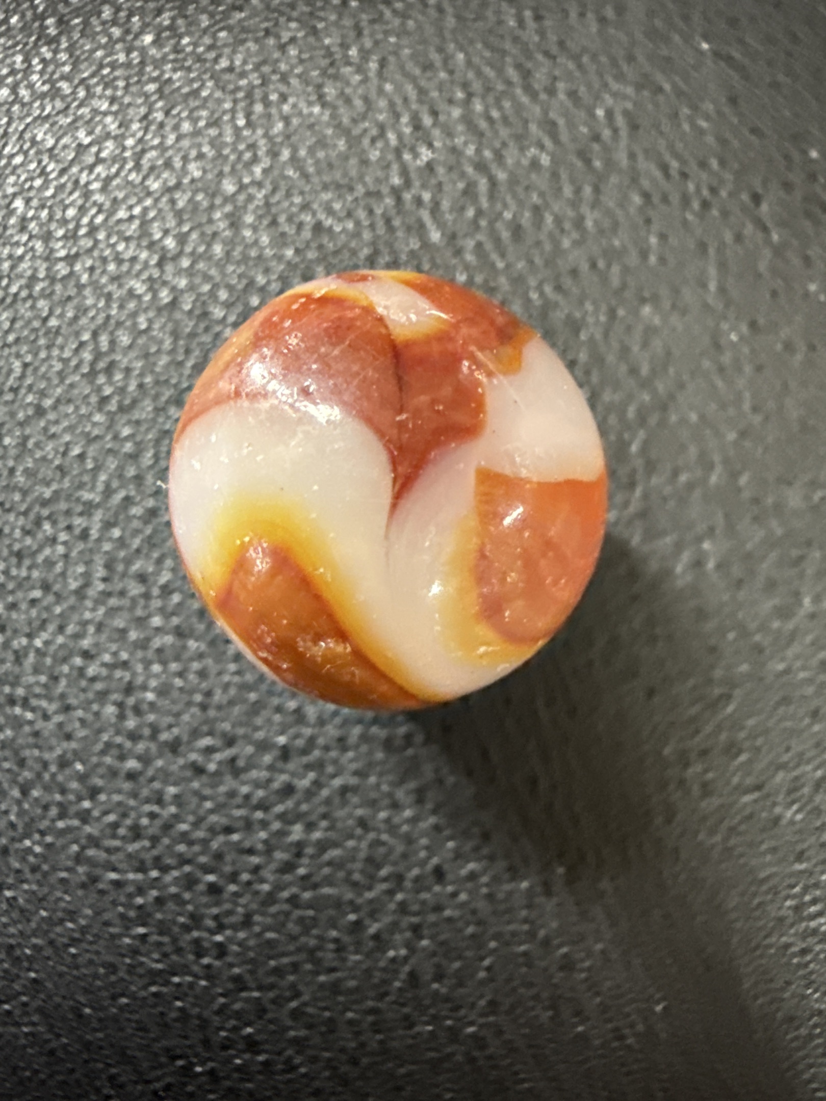 Red and Yellow Swirl by Akro Agate Company, identification view