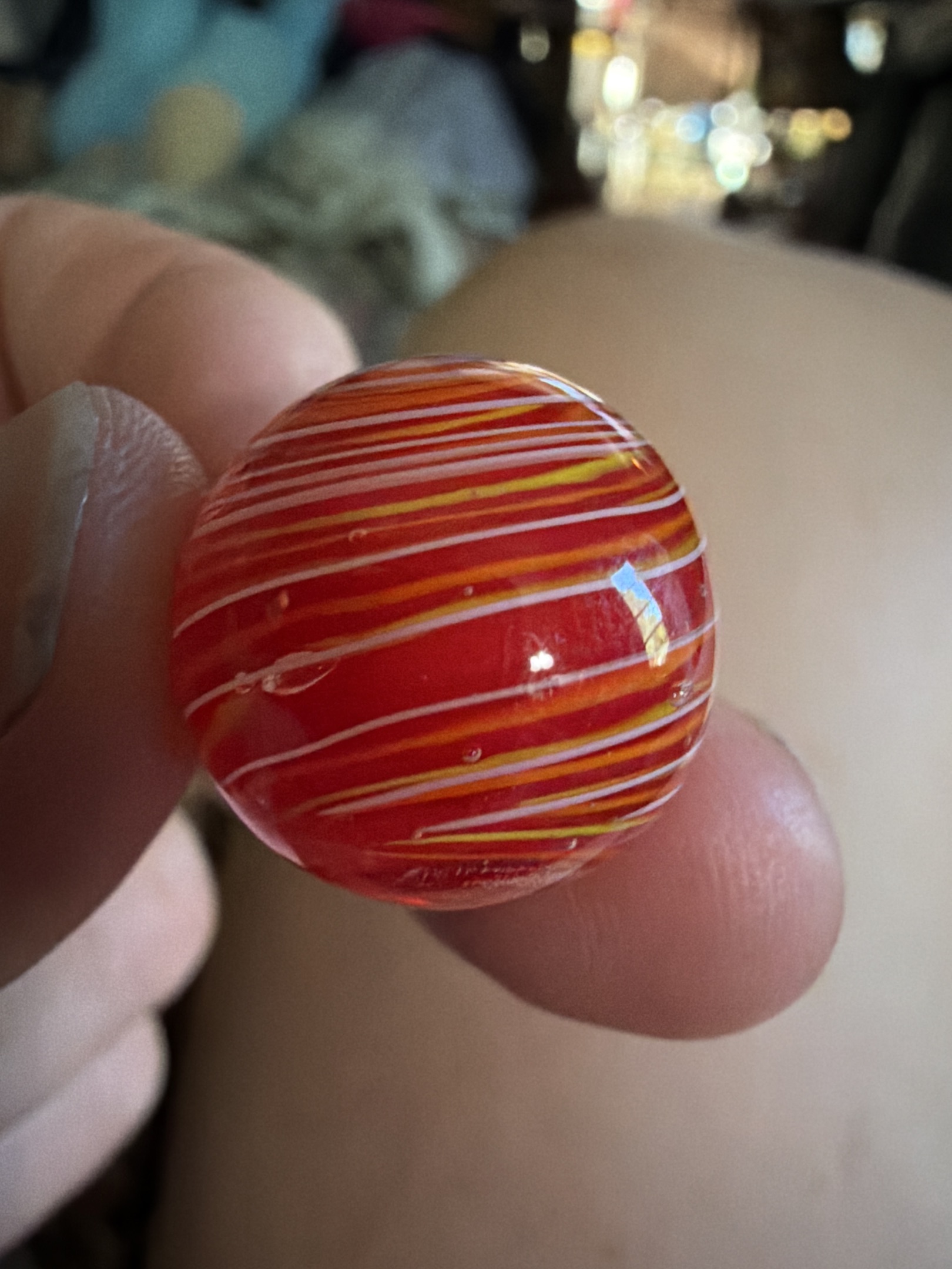 Latticinio Swirl (Orange/Red Core with Yellow and White Outer Ribbons) by German Handmade, identification view