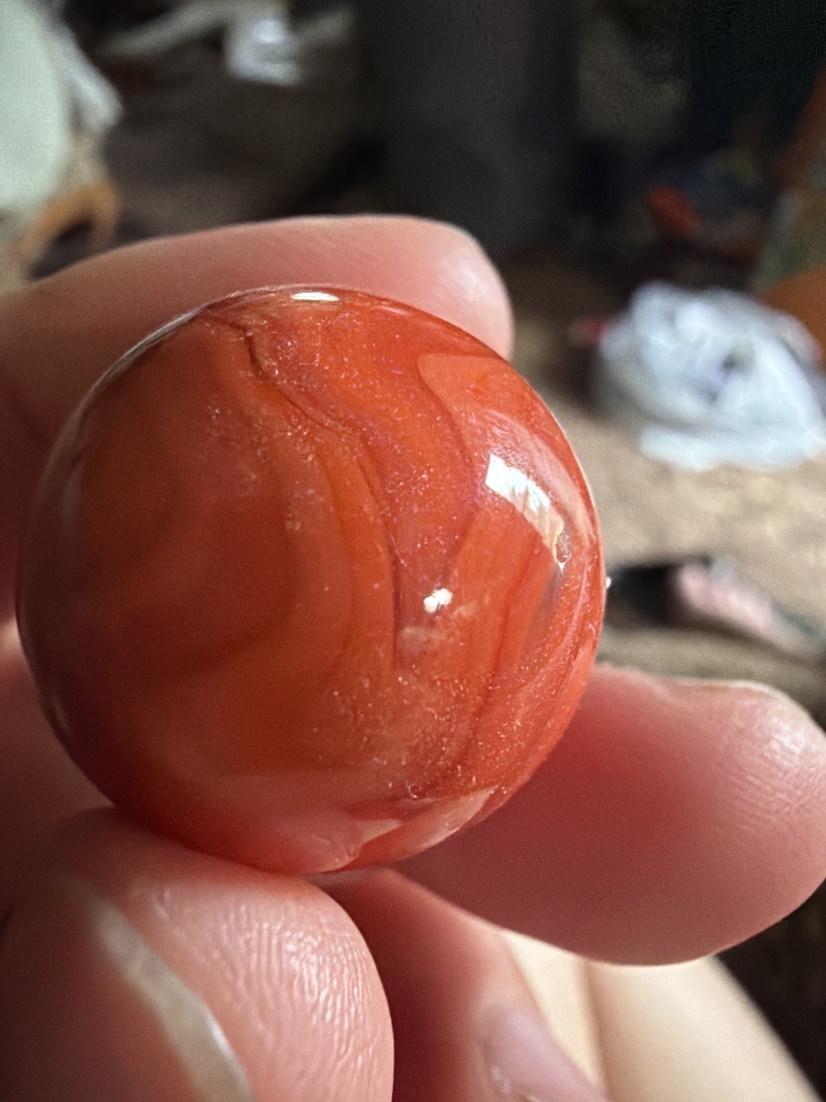 Peach Peach/Red Slag or Swirl by Christensen Agate Company, identification view