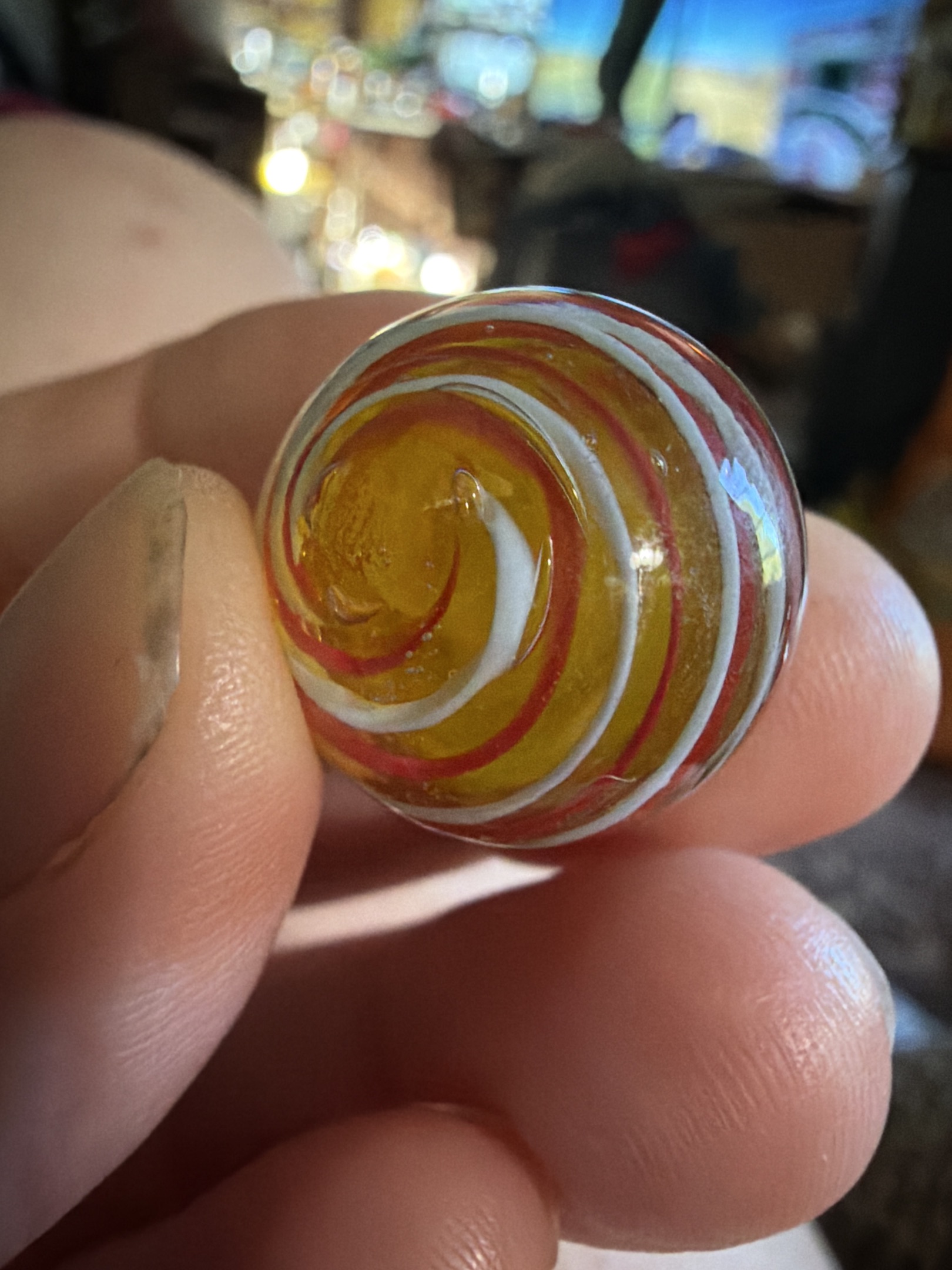 Red & White Ribbon on Transparent Amber Base by German Handmade, identification view