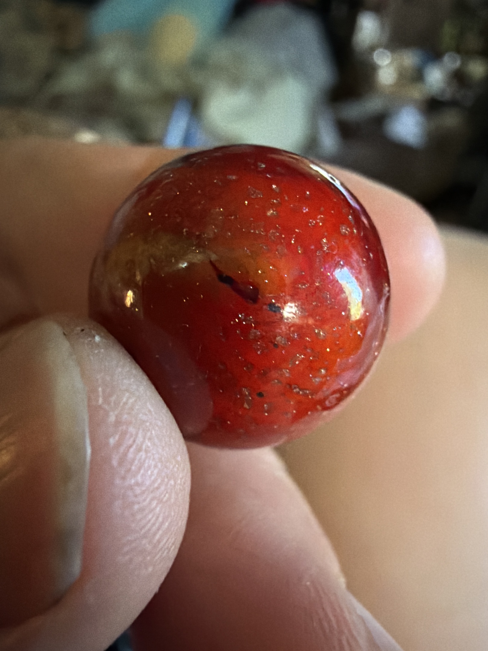 Red and Orange Flame Swirl by Christensen Agate Company, identification view