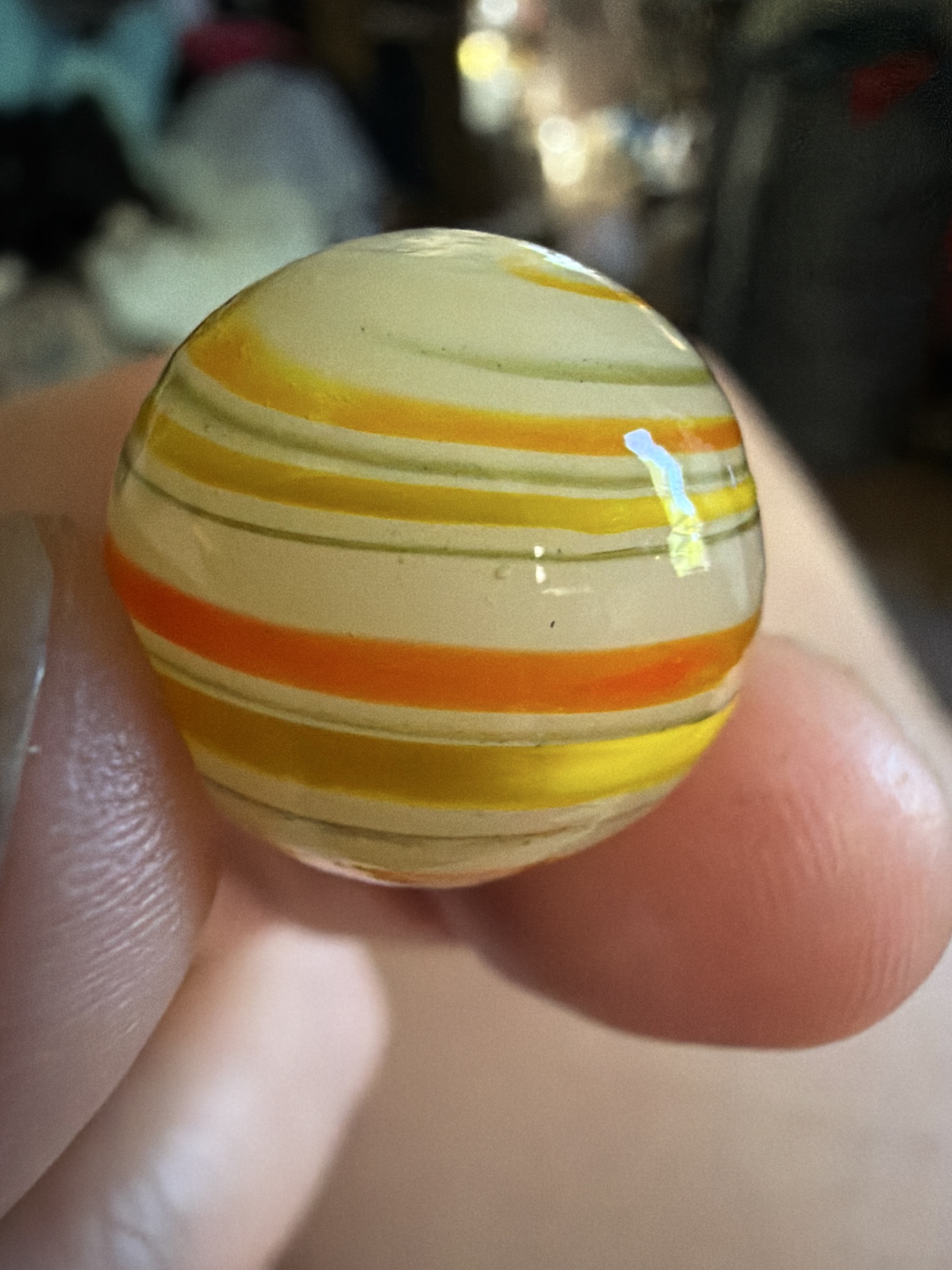 Onionskin Swirl with Orange and Yellow Ribbons by German Handmade, identification view