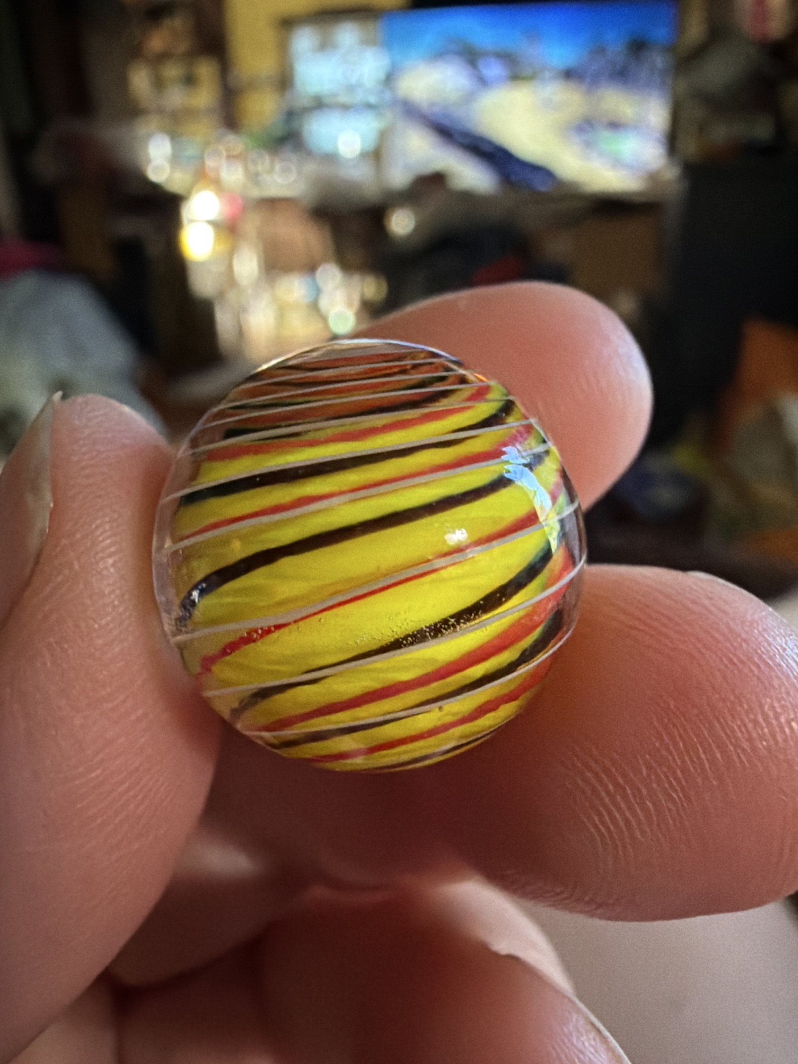Yellow Latticinio Core with Outer Colored Ribbons by German Handmade, identification view