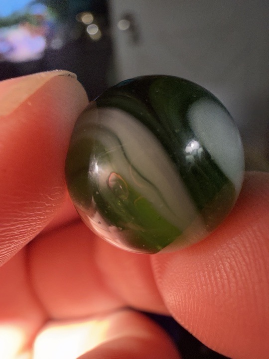 Green and White Slag by Akro Agate, identification view