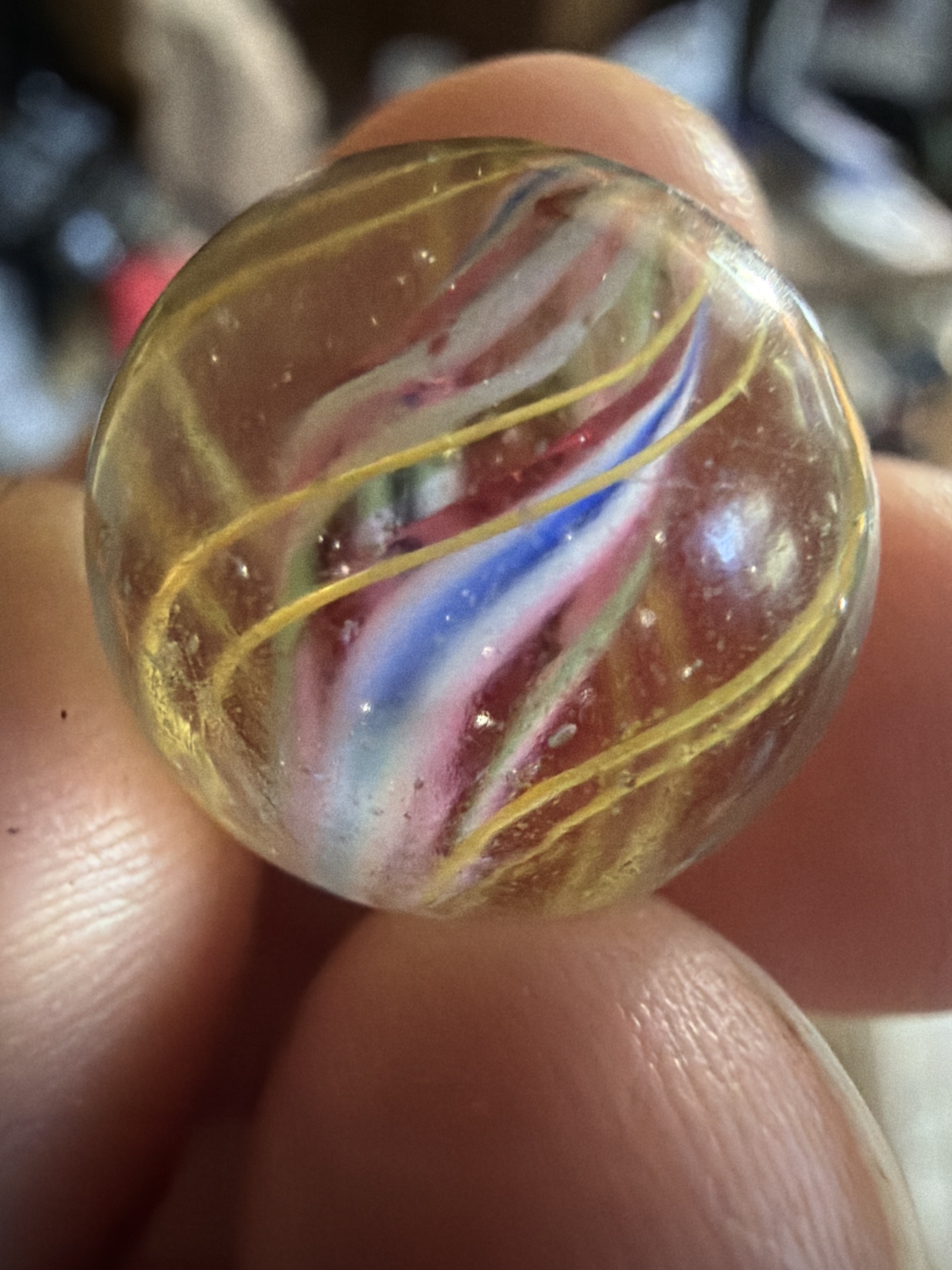Yellow Latticinio with Multicolored Core by German Handmade, identification view