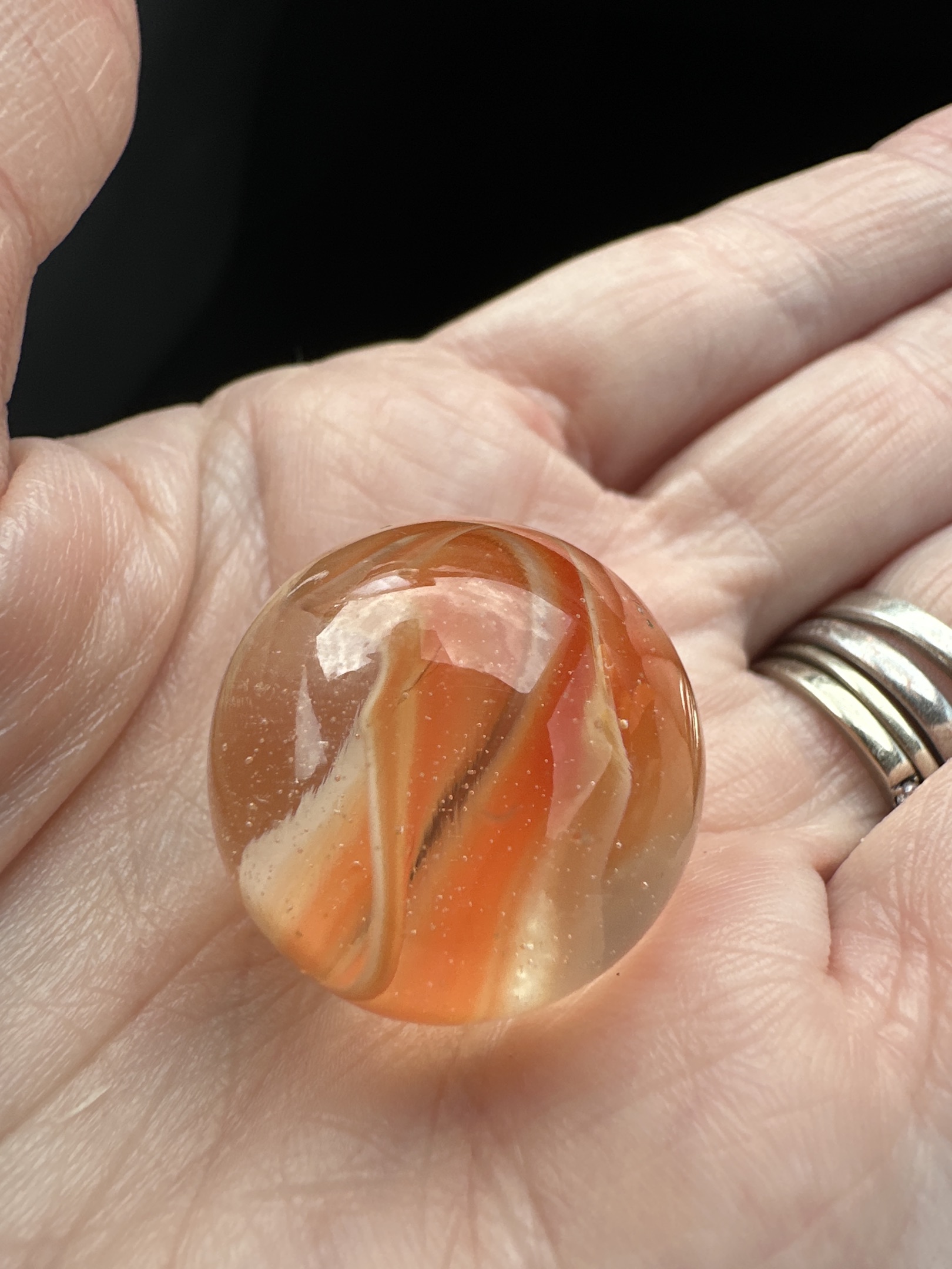 Orange and White Sparkler by Akro Agate, identification view