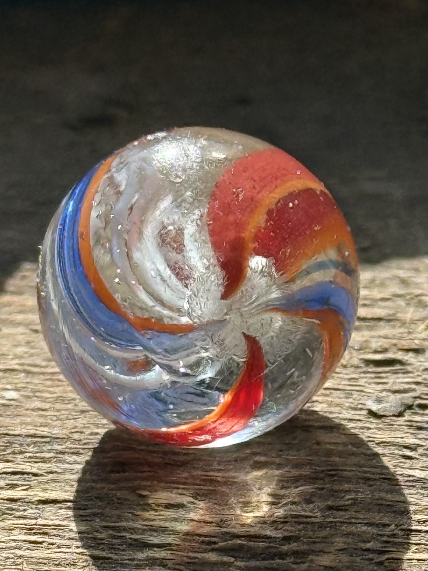 Latticinio Core Swirl (Red, Blue, Orange Ribbons) by German (Handmade)