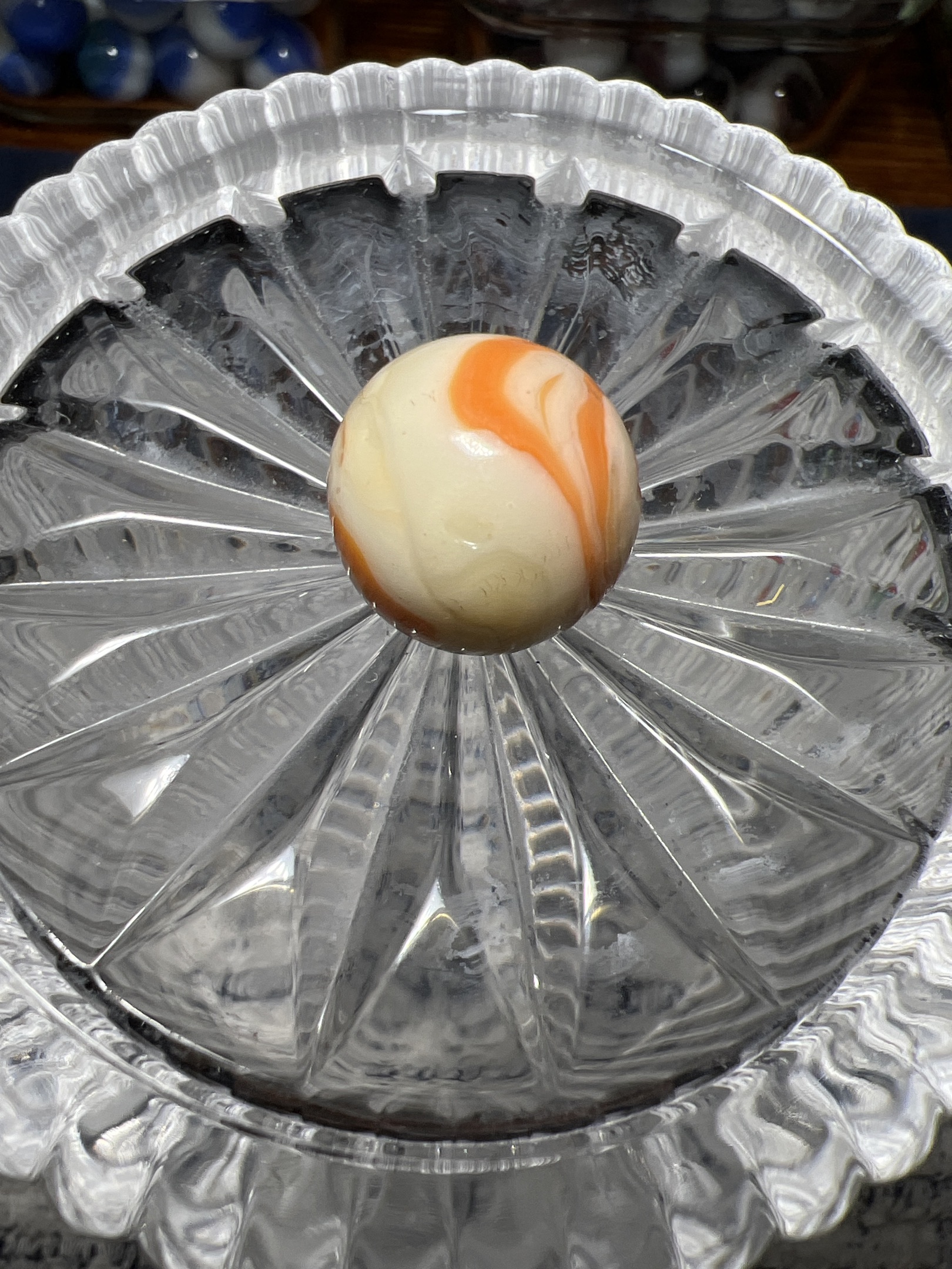 Orange and White Swirl by Akro Agate Company, identification view