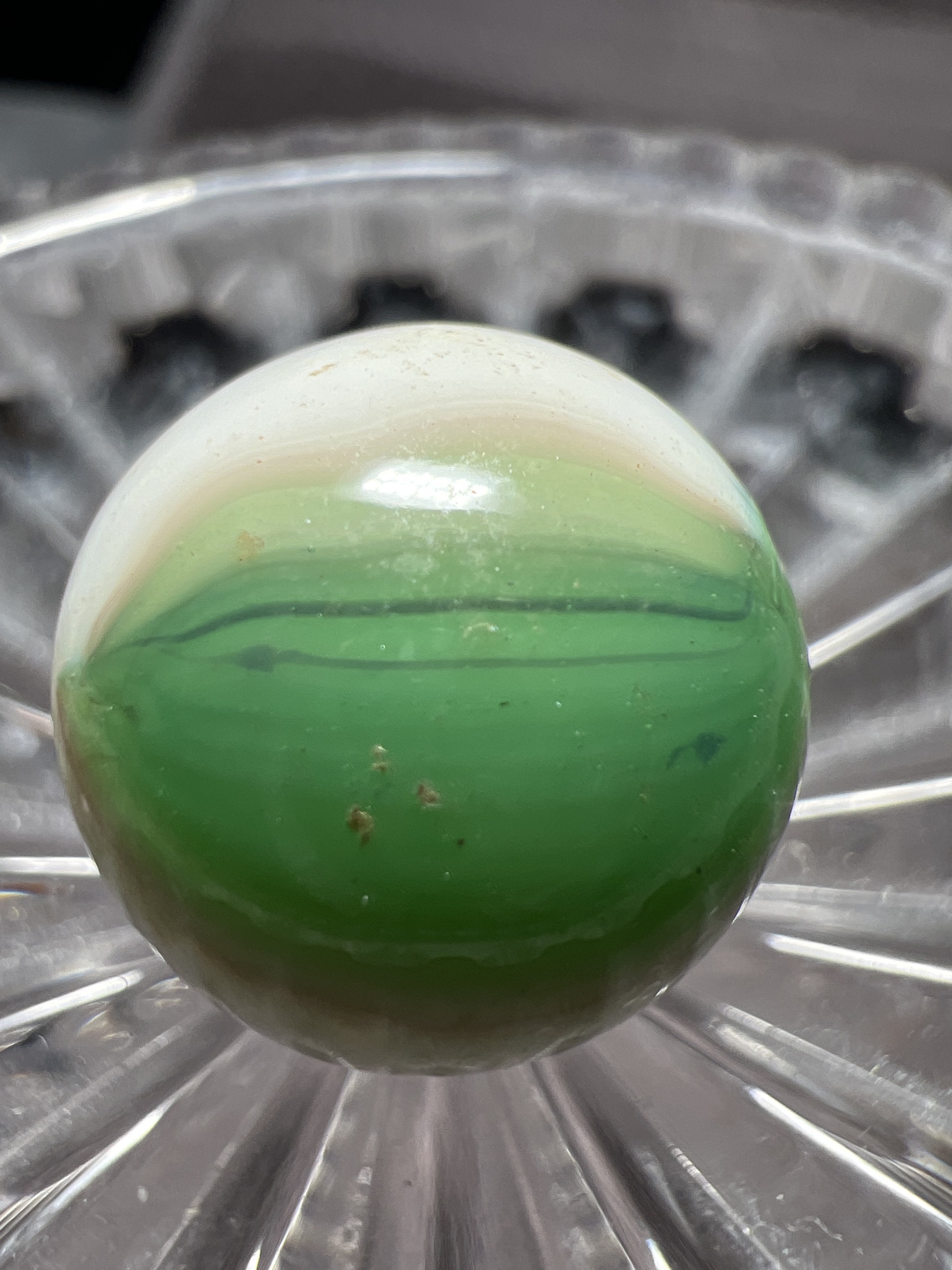 Green and White with Oxblood by Akro Agate Company