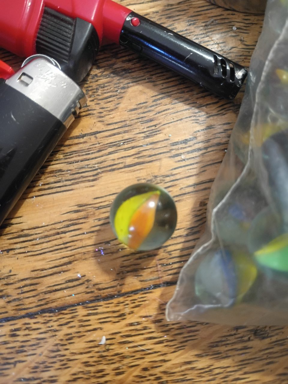 Yellow with Orange Vane Double Vane Cat's Eye by Vitro Agate, identification view