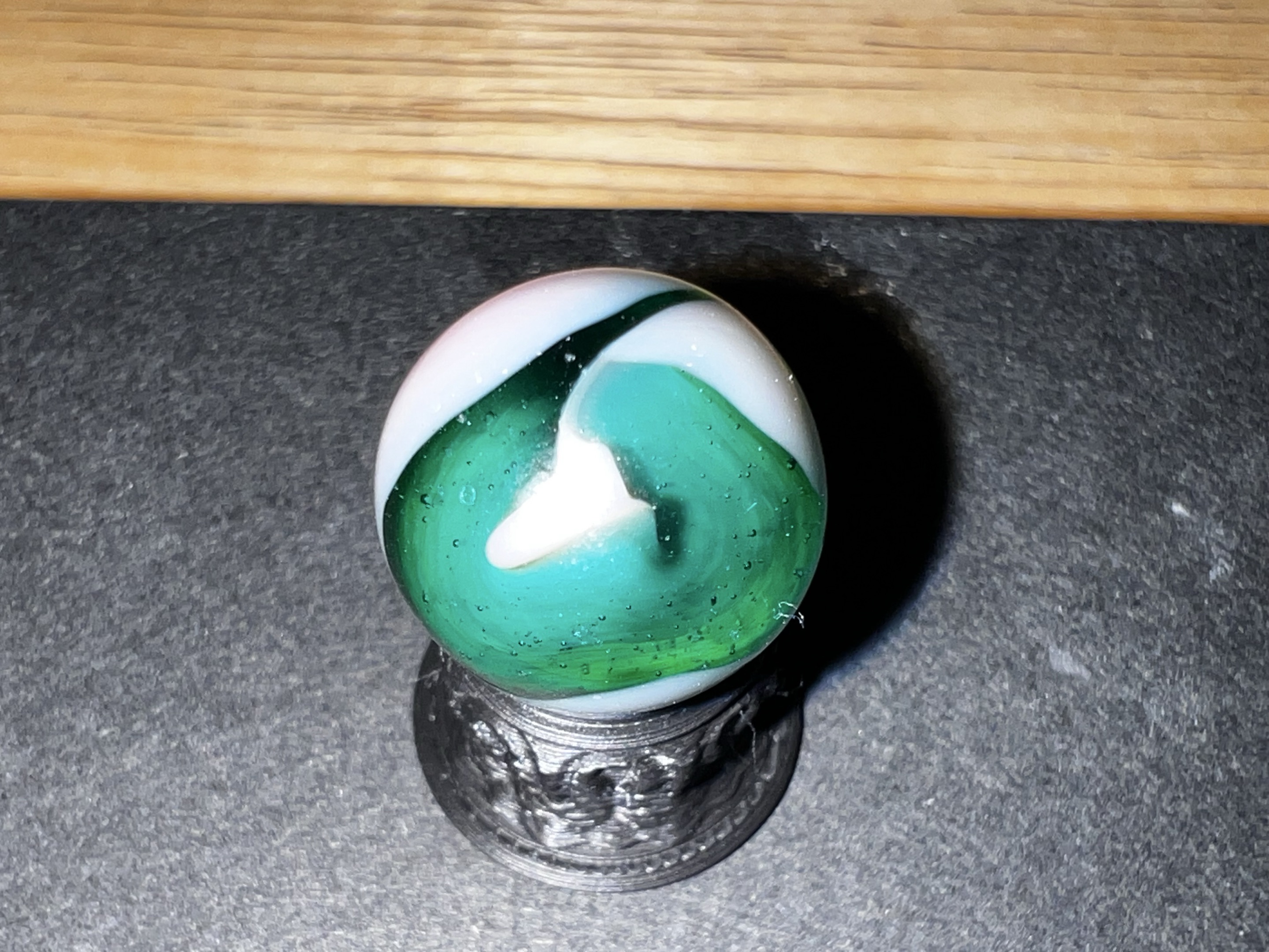 Green and White with Pink Blush by Akro Agate Company, identification view