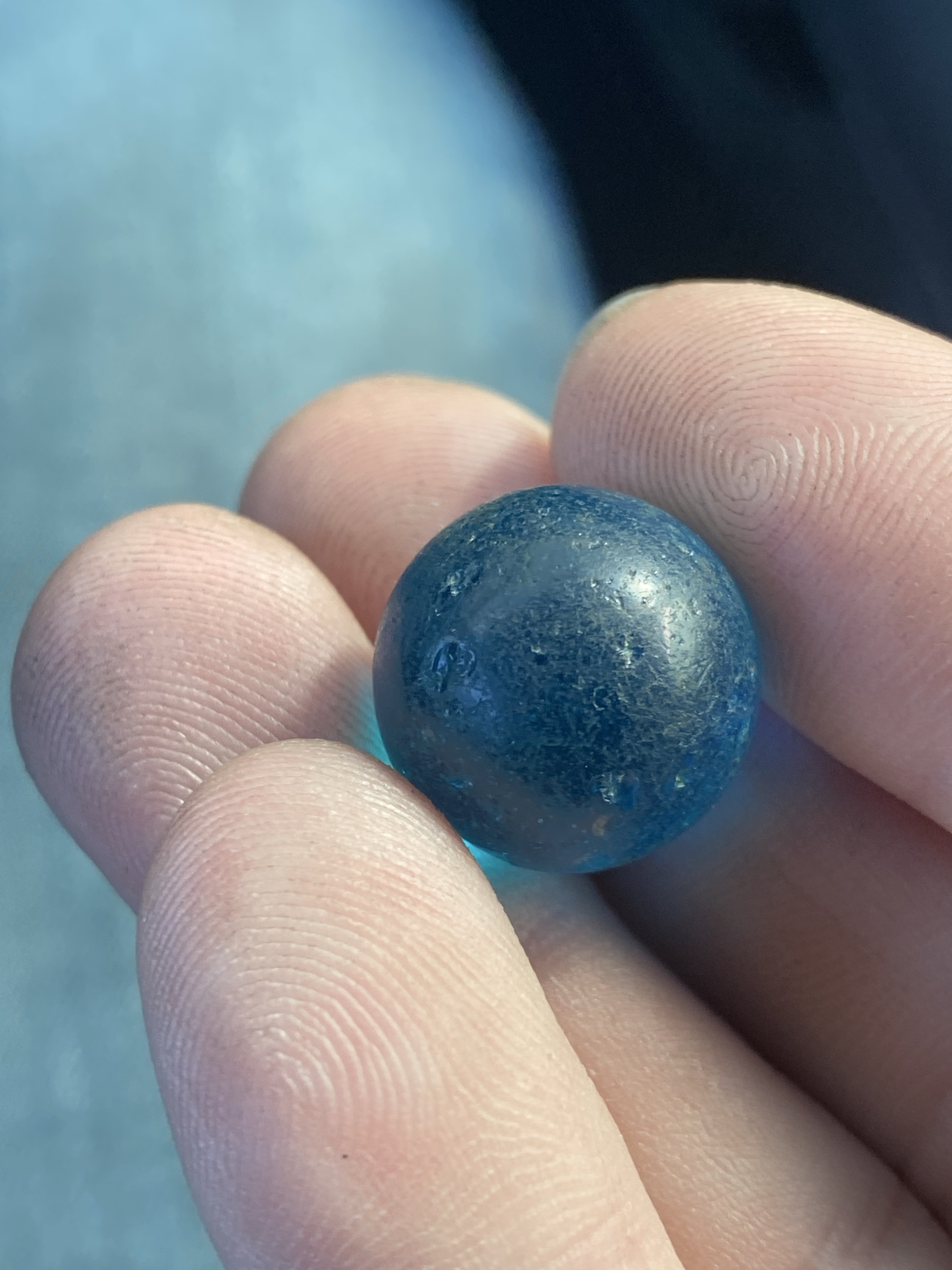 Blue Shooter by Akro Agate Company, identification view