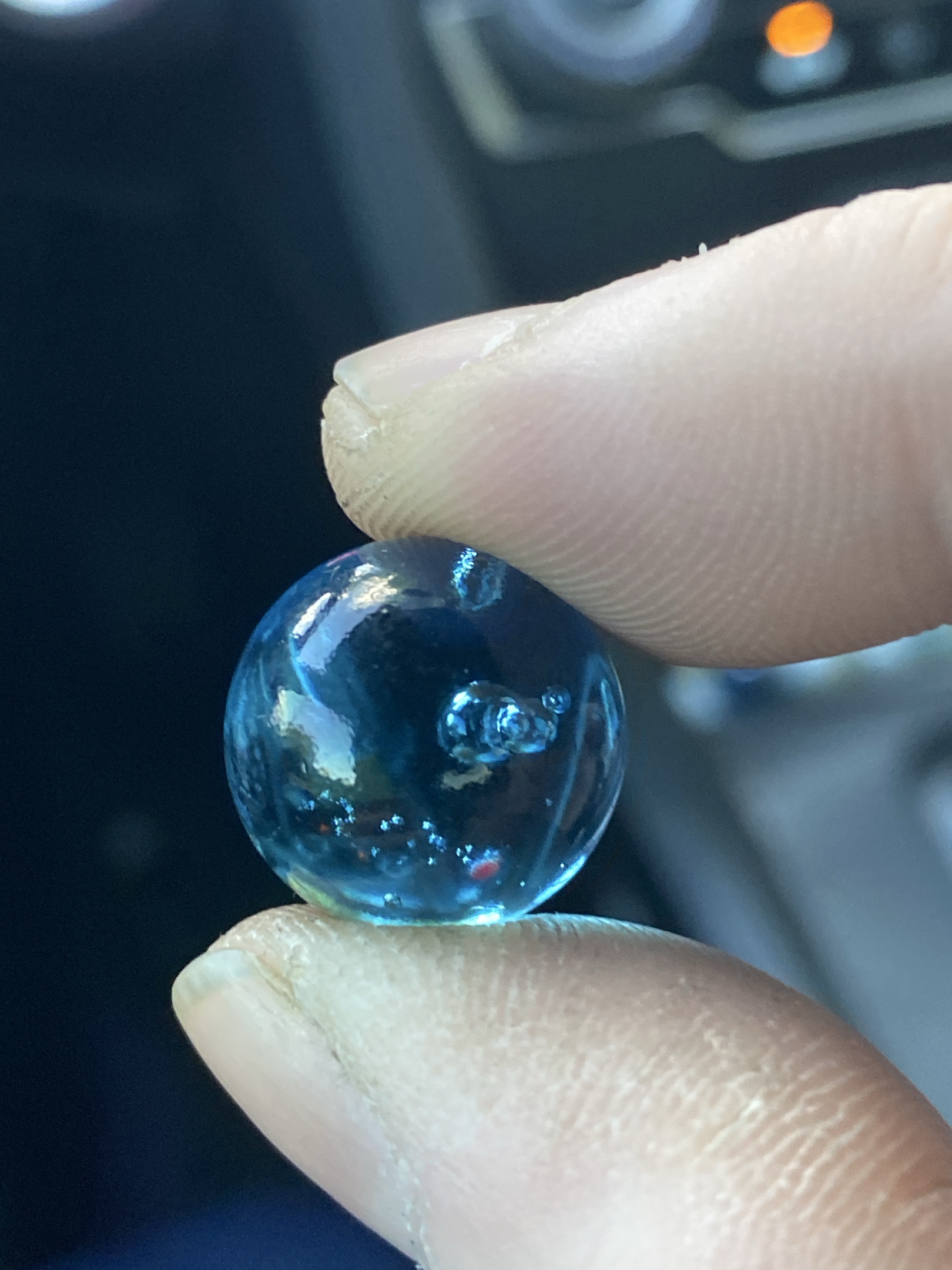 Blue Clearie by Akro Agate Company, identification view
