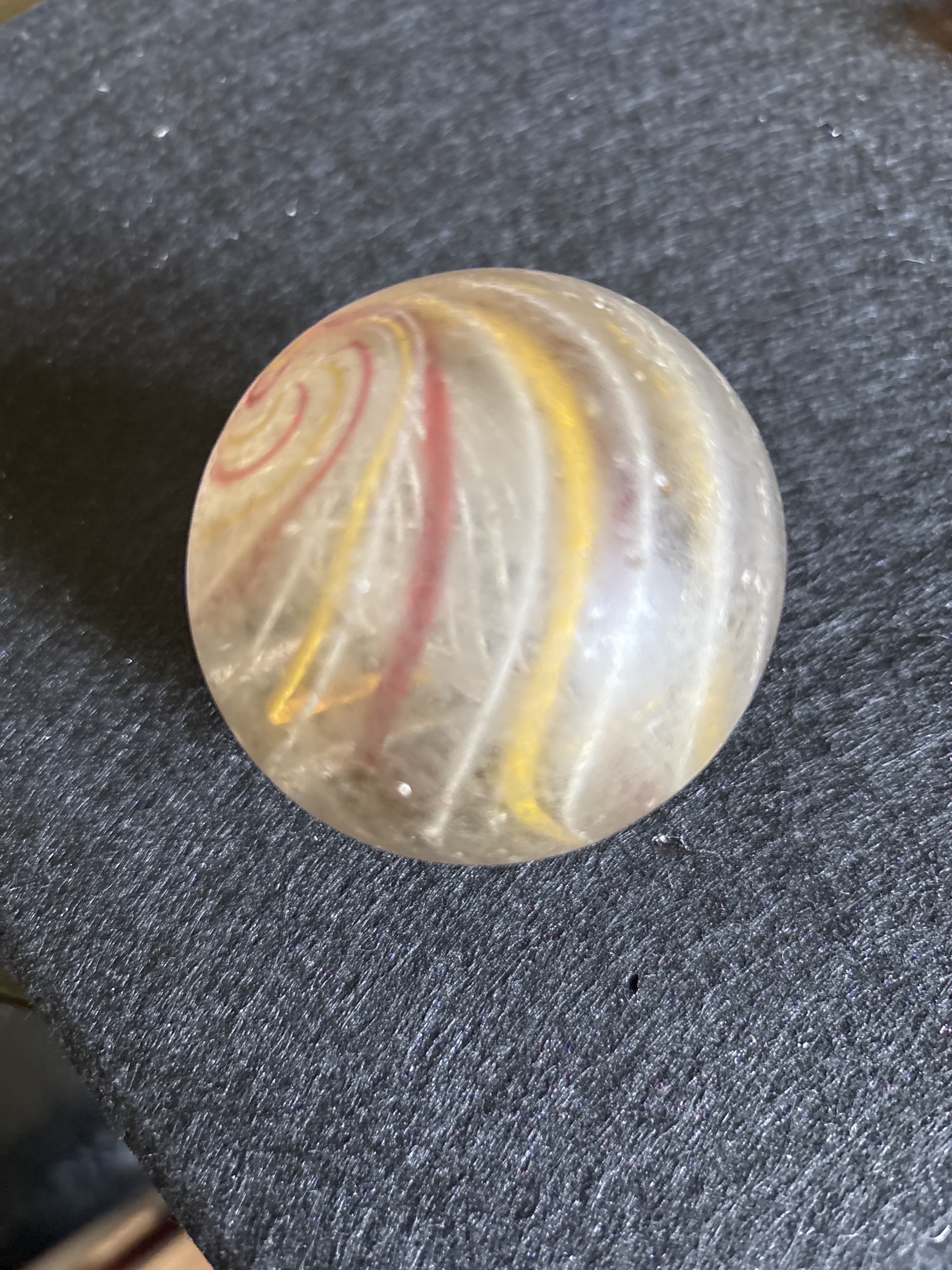 Red and Yellow Banded Transparent Latticinio by German Handmade - Lauscha Region, identification view