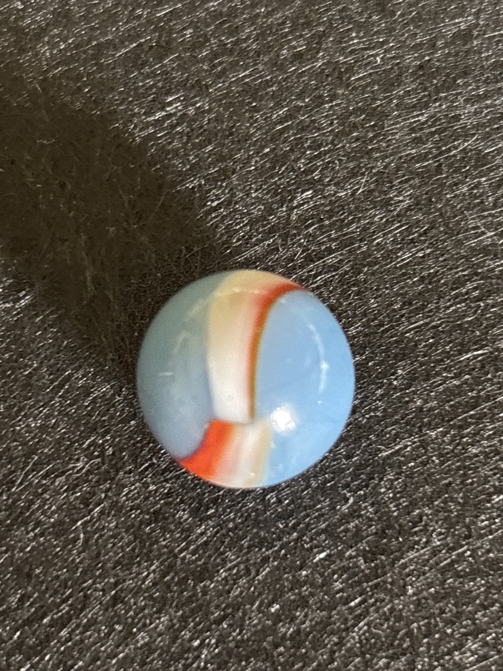 Blue Special with Red and White Ribbon by Akro Agate, identification view