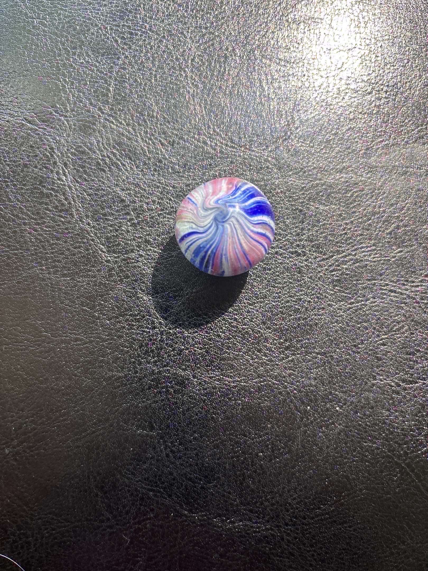 Pink and Blue Pinwheel Onionskin by German Handmade (Lauscha region), identification view