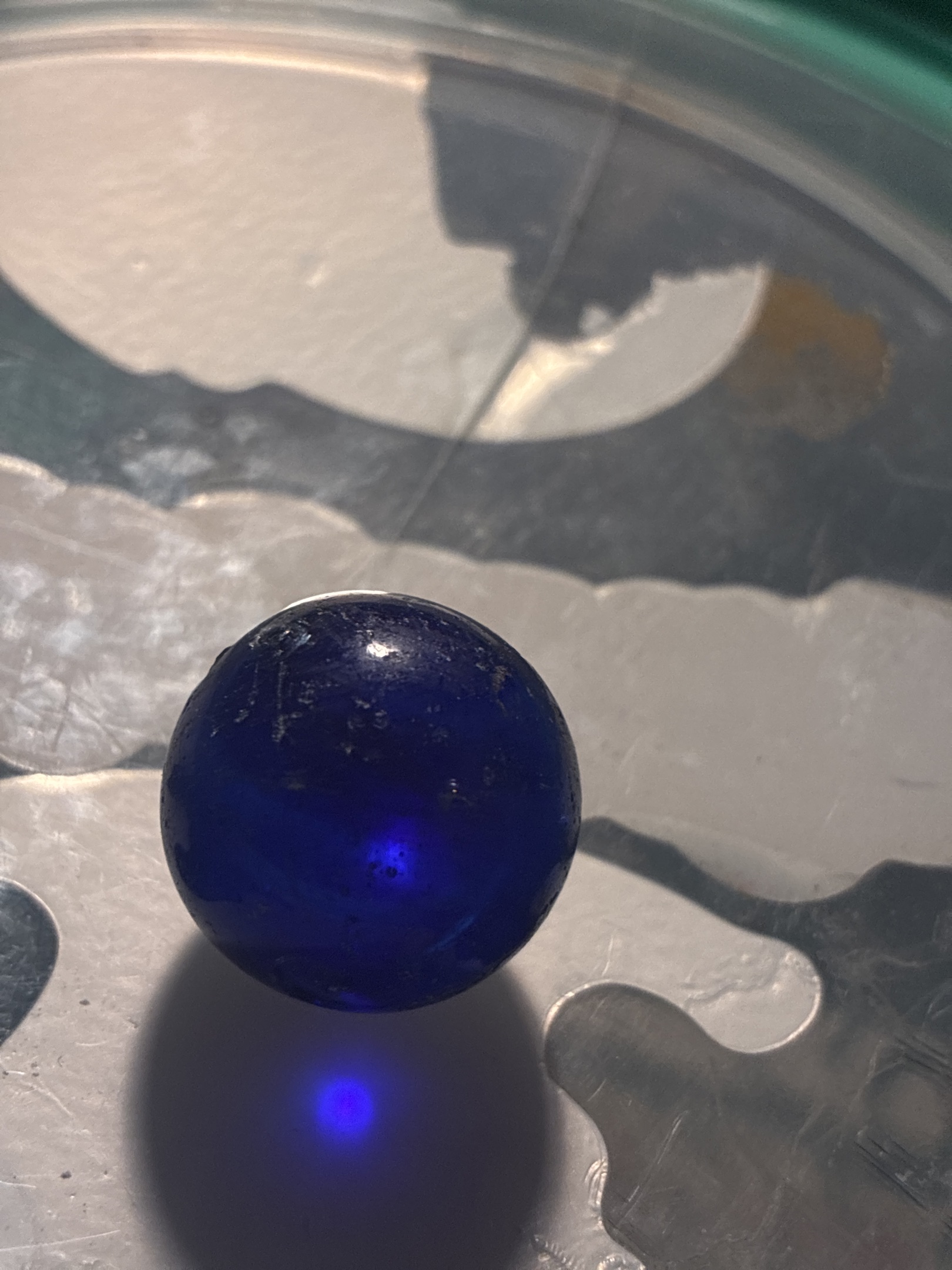 Cobalt Blue Shooter by Akro Agate Company, identification view