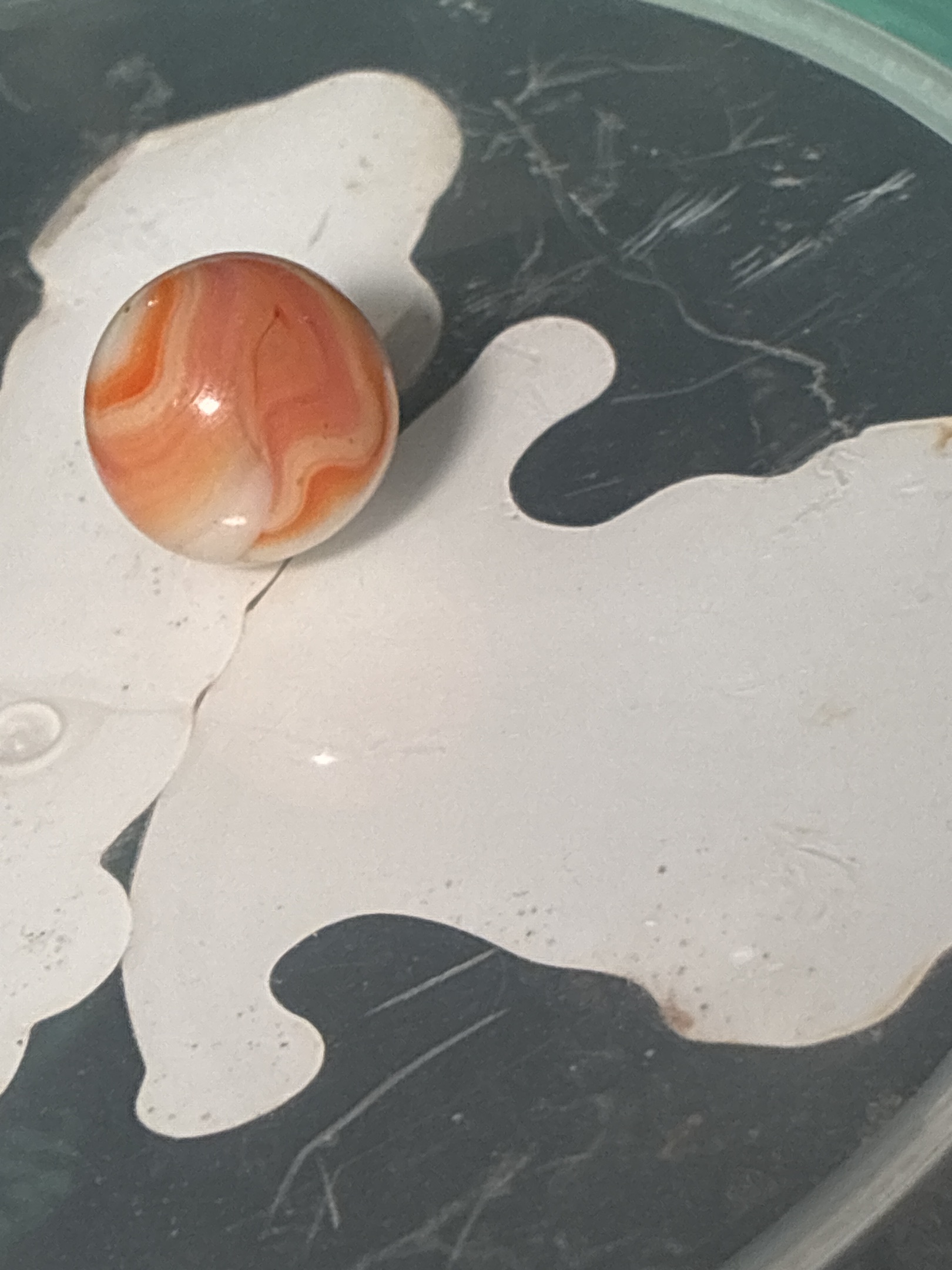 Orange and White Swirl by Akro Agate Company, identification view