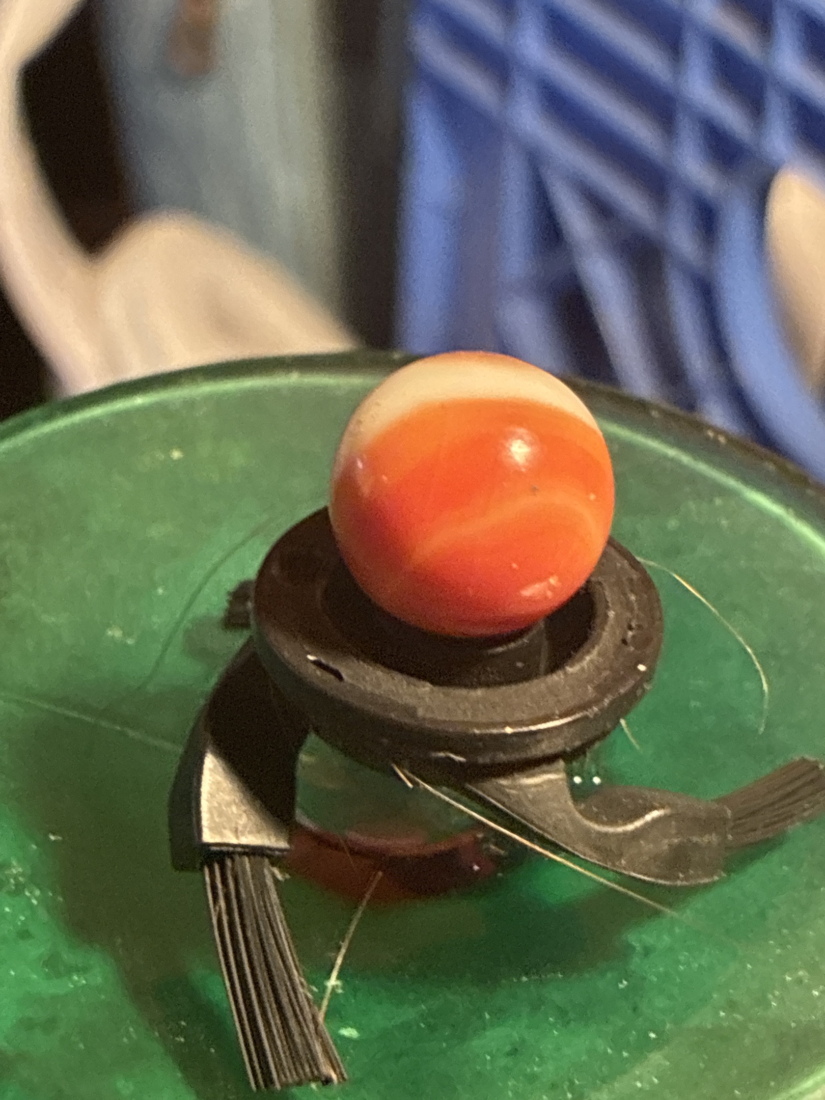 Orange and White Corkscrew by Akro Agate Company, identification view