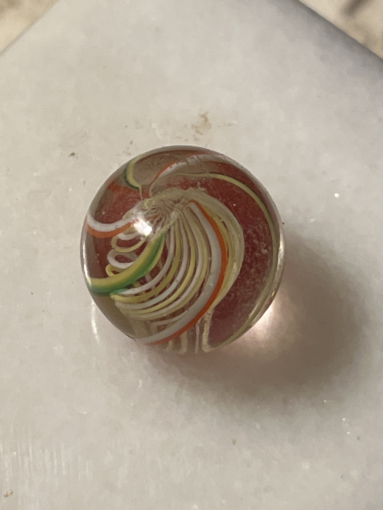White Latticinio Core with Multicolor Outer Ribbons by German Handmade, identification view