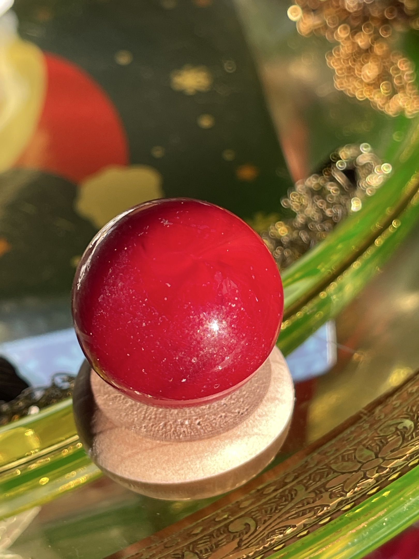 Cherry Red Transparent Clearie by Akro Agate, identification view