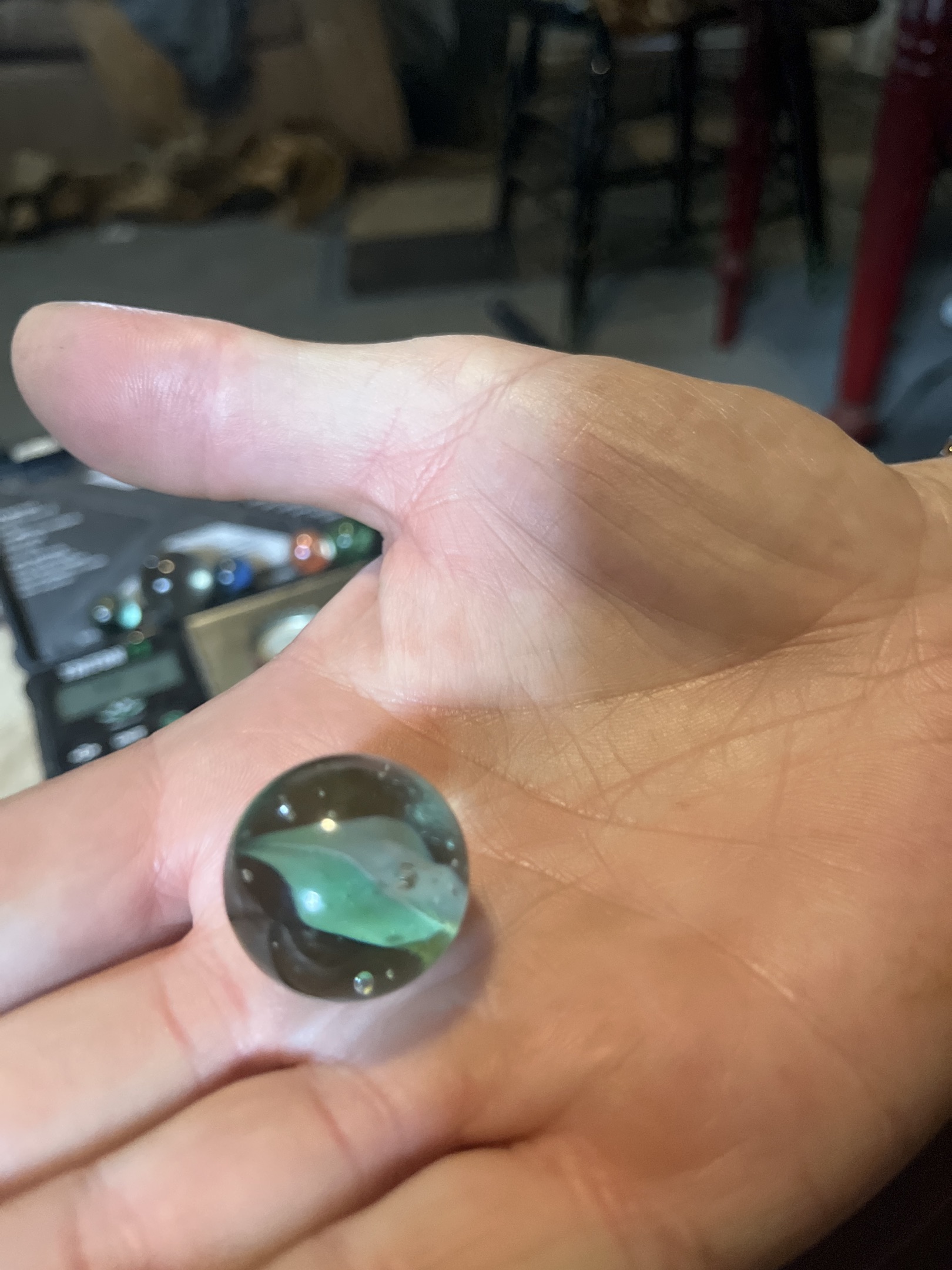 Green and White Hybrid Vane Shooter by Vitro Agate Company