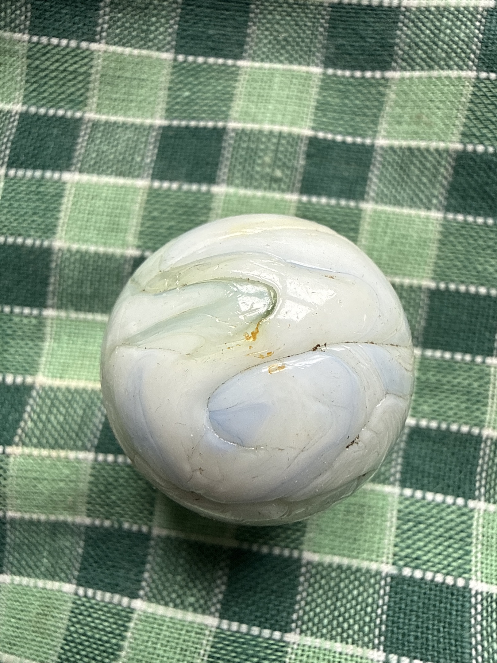 Blue and White Slag Shooter by Akro Agate, identification view