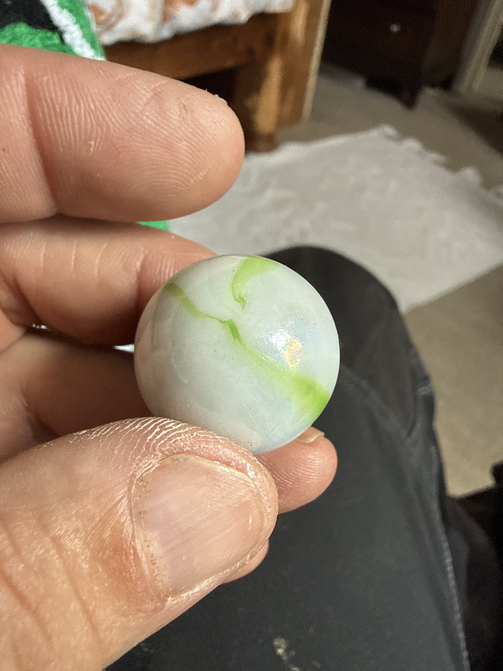 White with Green Ribbon Swirl Shooter by Alley Agate, identification view