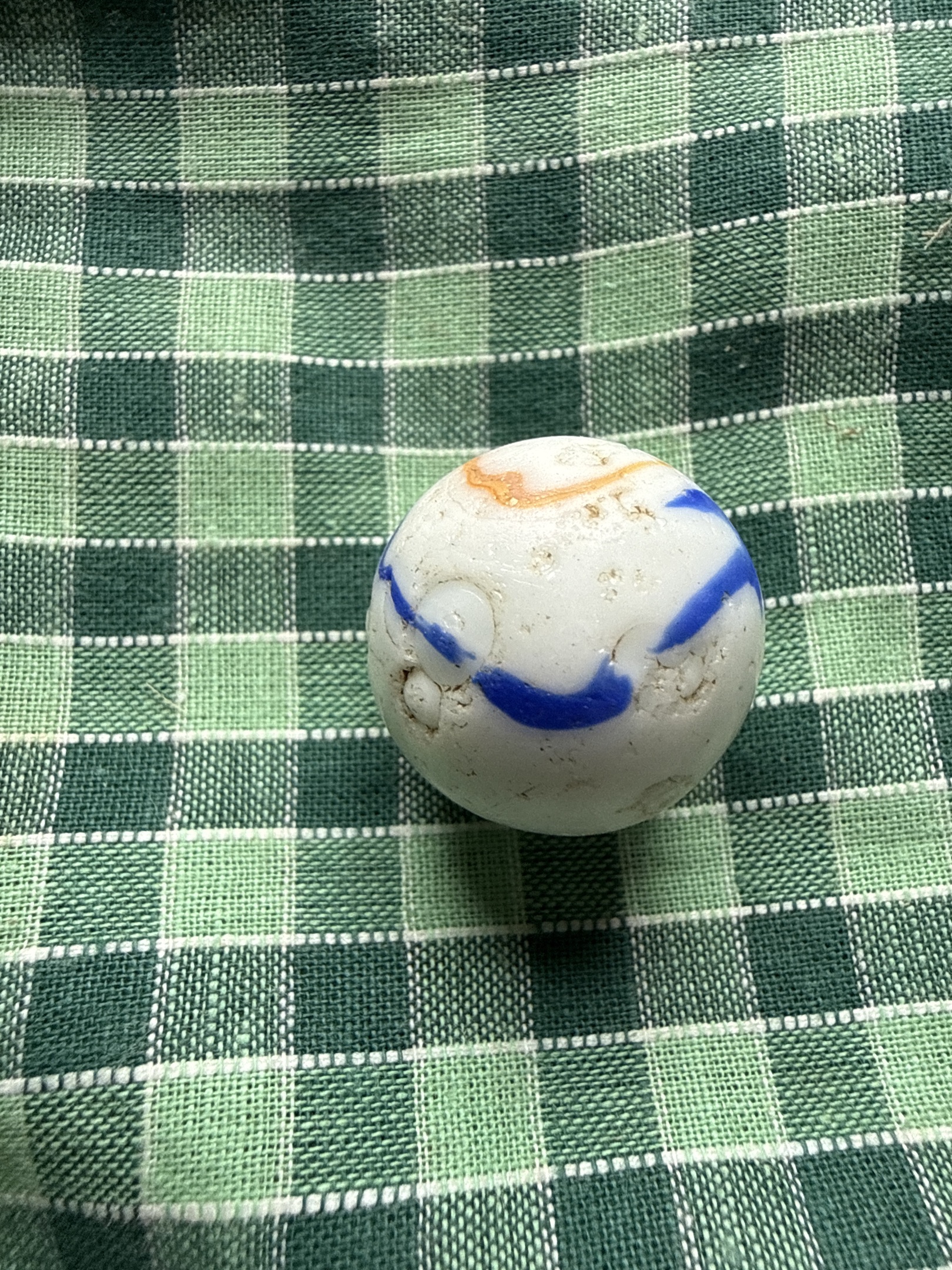 Glazed Striped White with Blue and Orange Bands by Unknown German Manufacturer Lauscha region