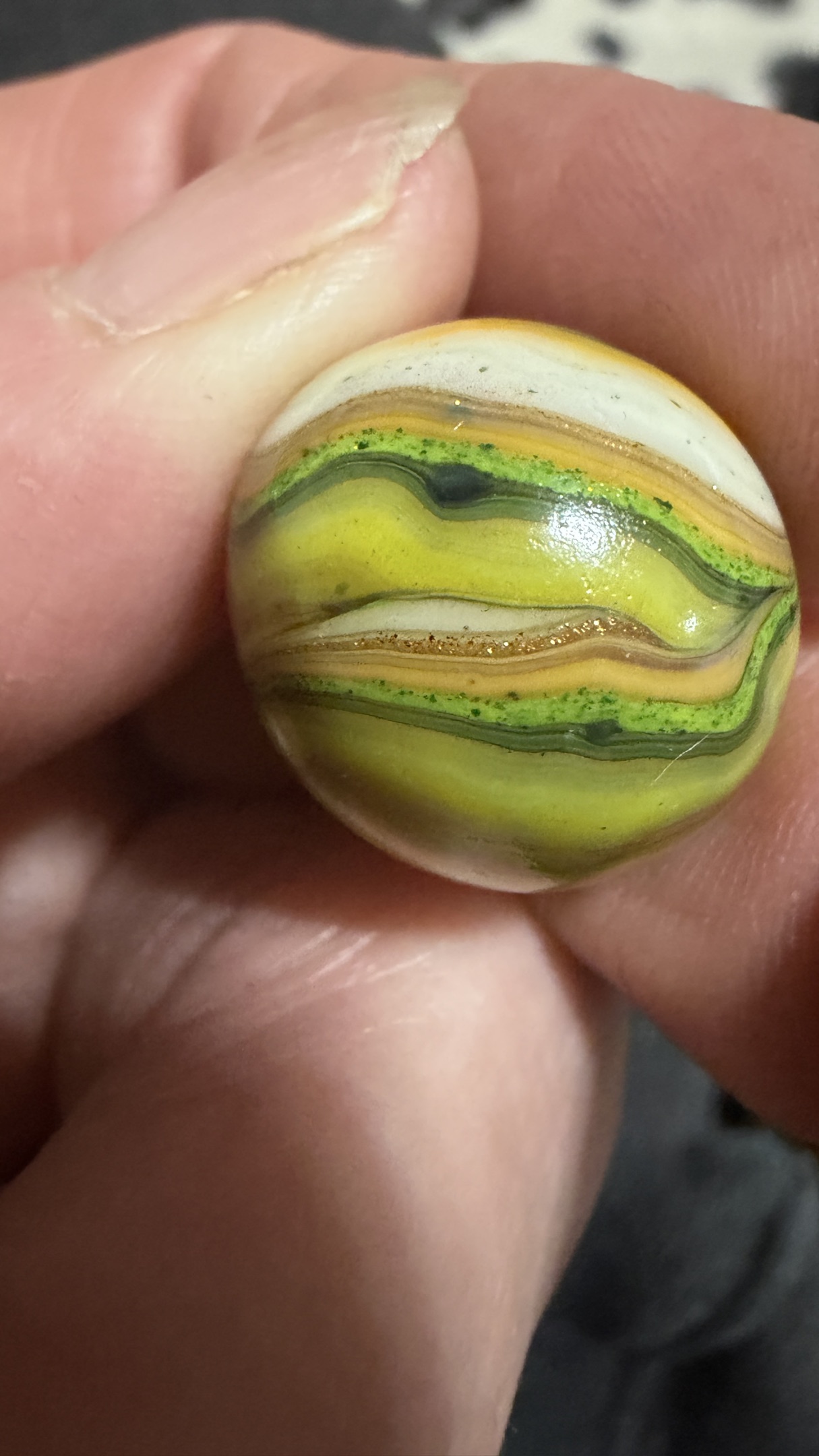 Yellow and Green Popeye by Akro Agate Company